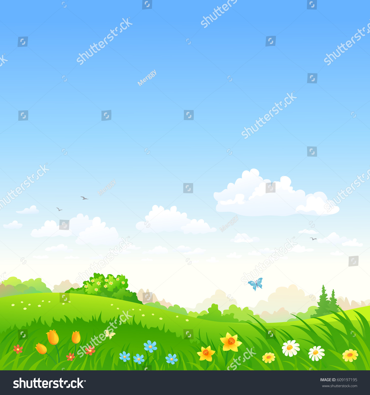 Vector Cartoon Illustration Beautiful Meadow Spring Stock Vector ...