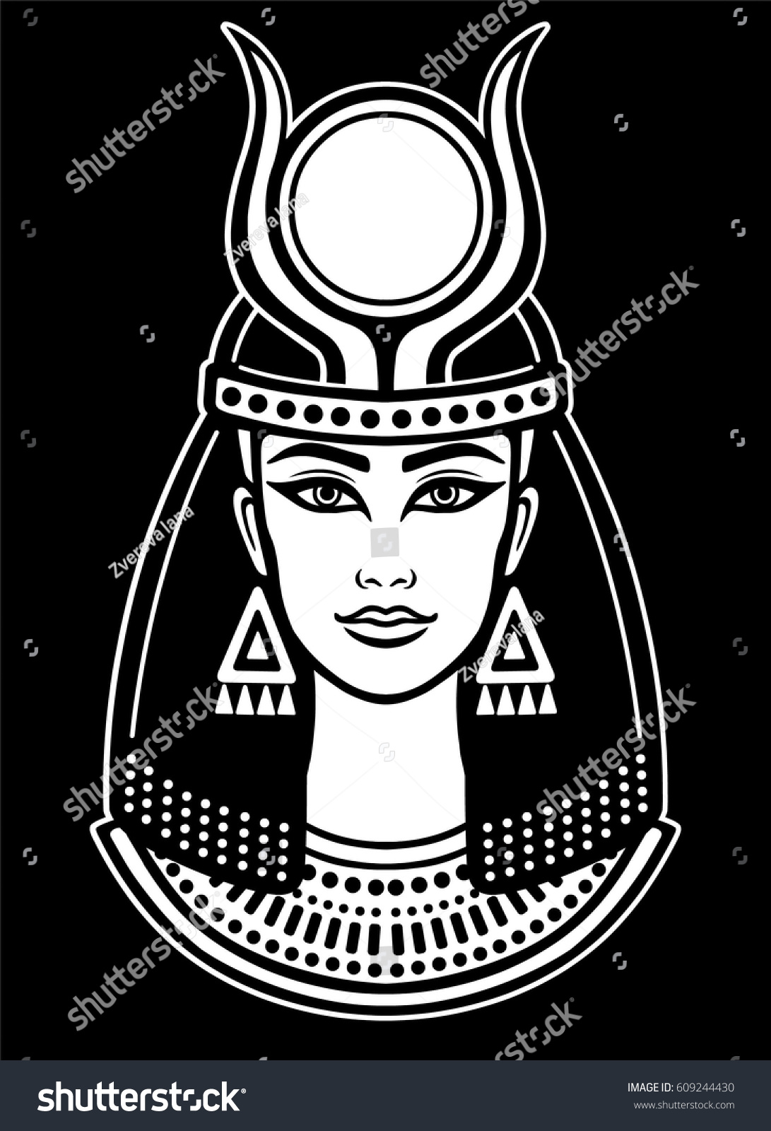 Animation Portrait Ancient Egyptian Horned Goddess Stock Vector ...