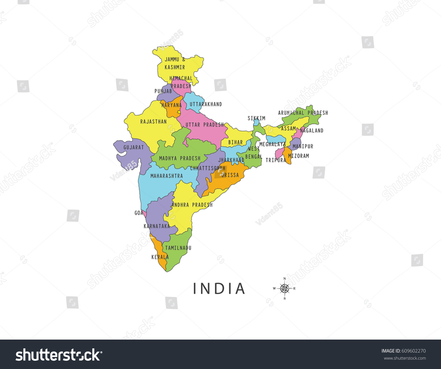 Colorful Map India Local Names On Stock Vector (royalty Free) 609602270 