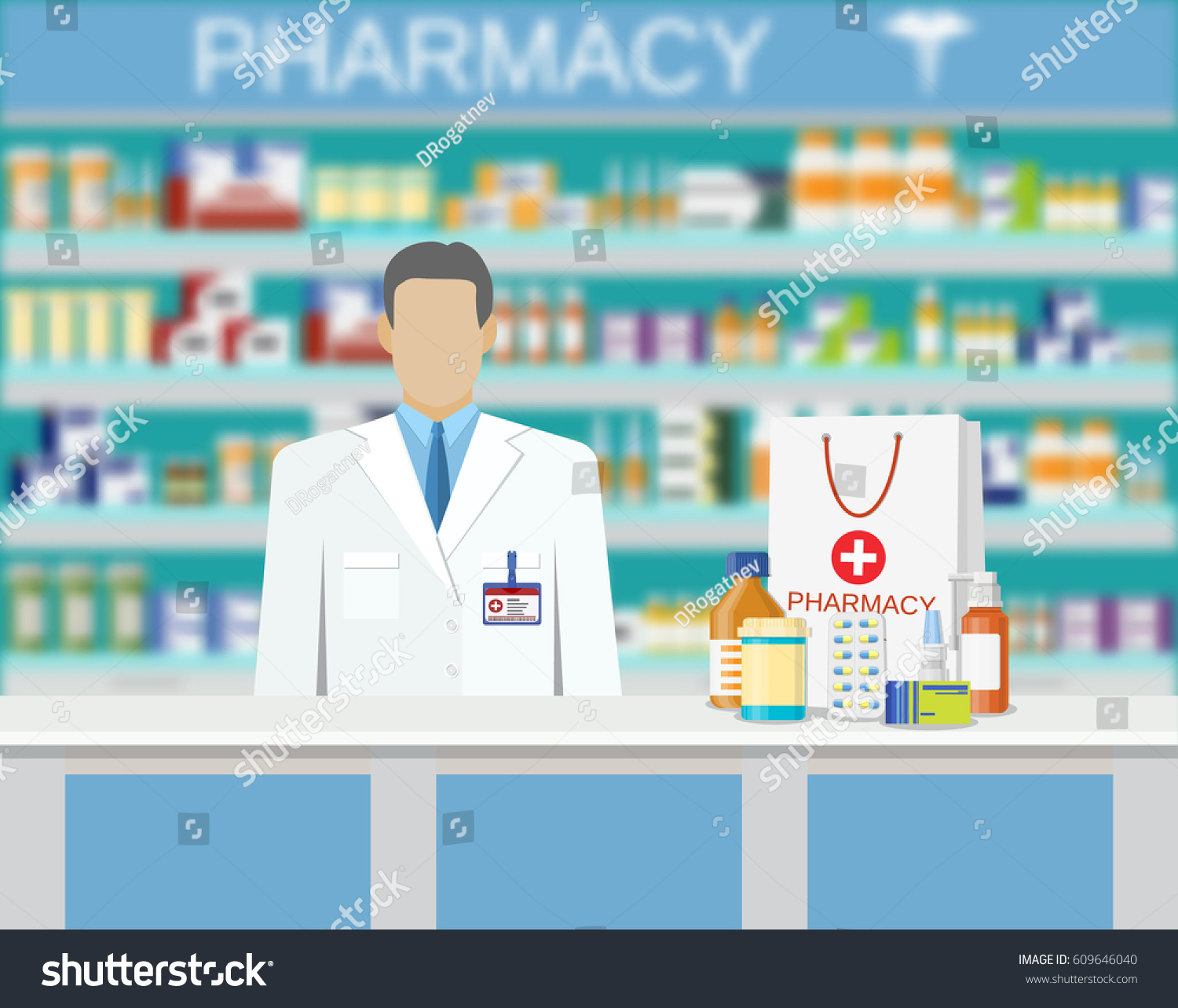 Фармацевт с таблетками на белом фоне