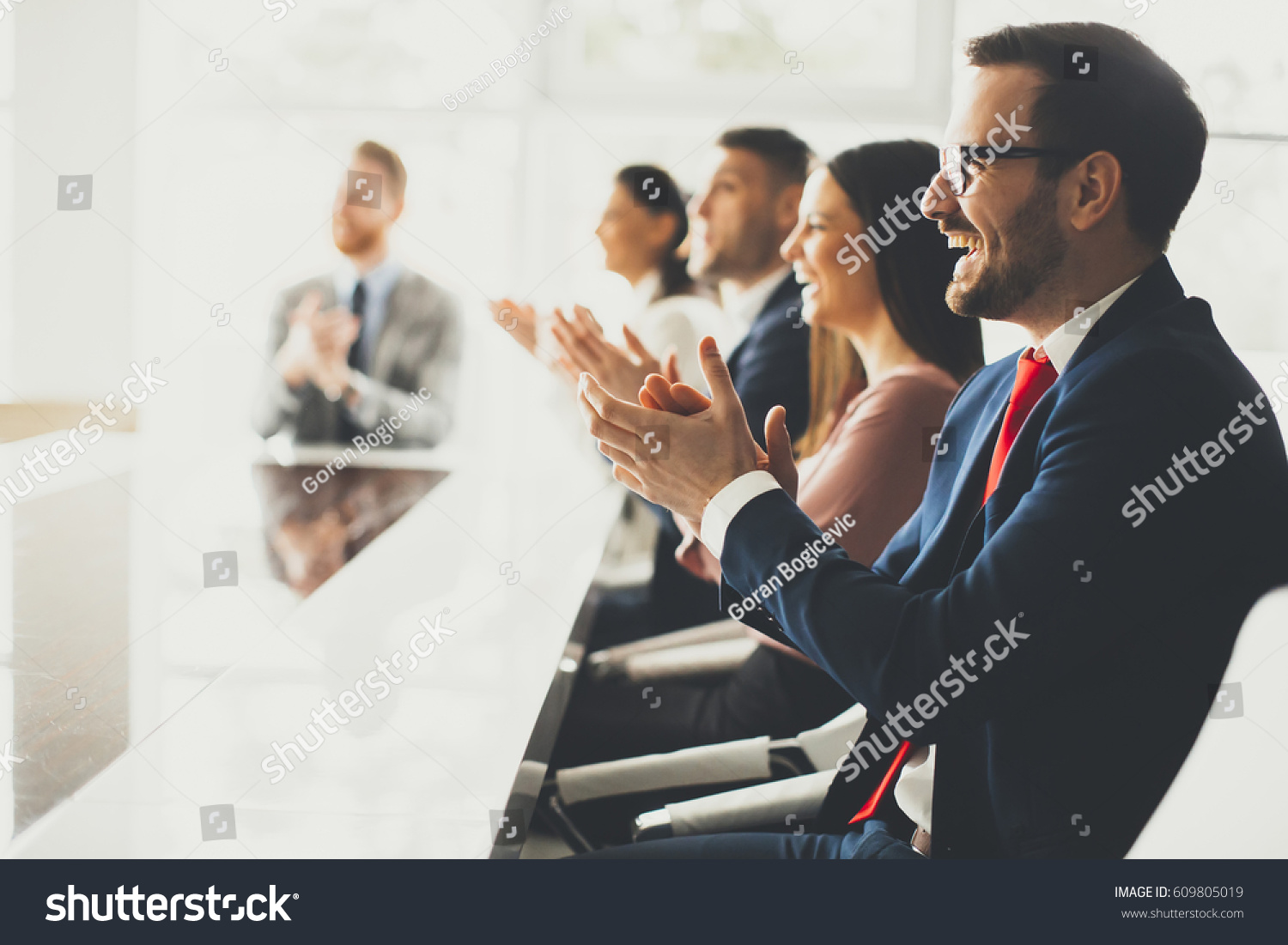 Smiling Business Group Clapping Hands Meeting Stock Photo 609805019 ...