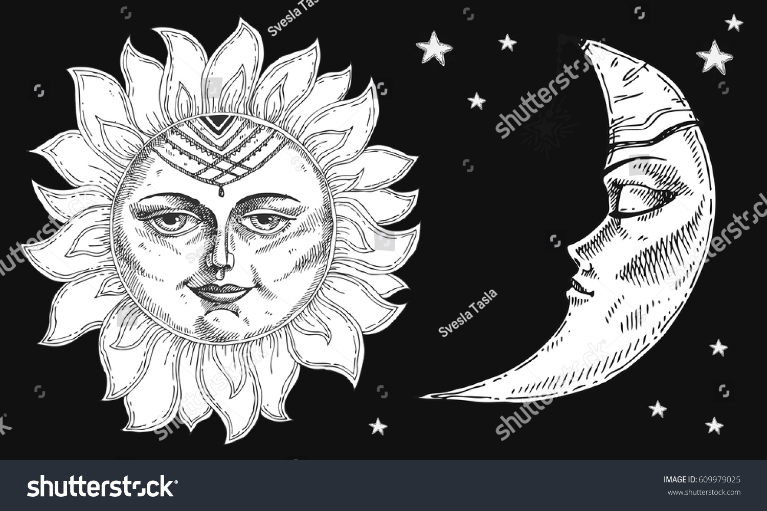 Sun Moon Face Stylized Engraving Can Stock Vector (Royalty Free ...