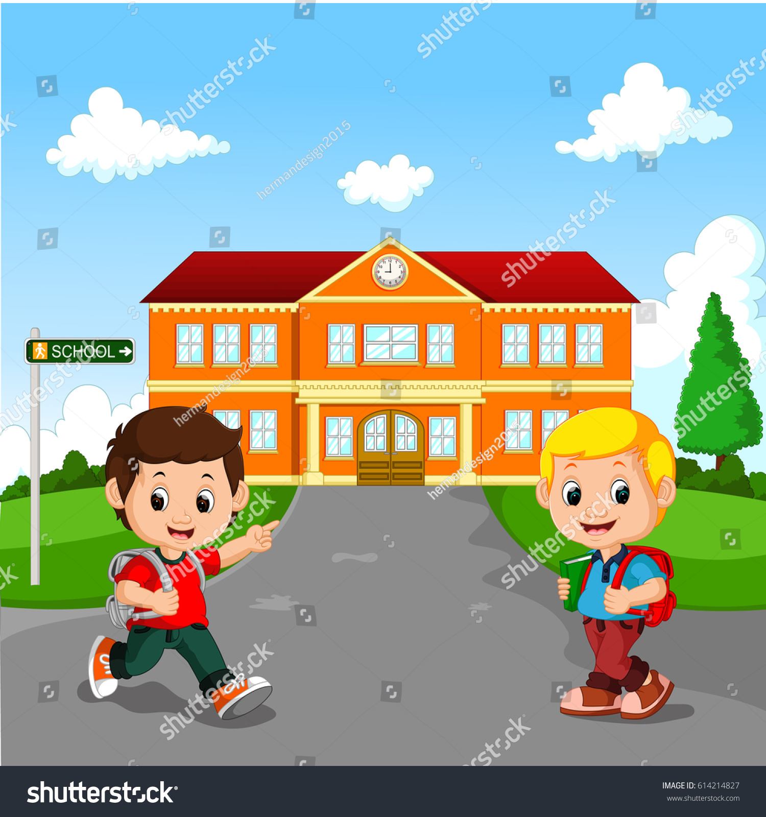 Vector Illustration Little Boy Going School Stock Vector (Royalty Free ...