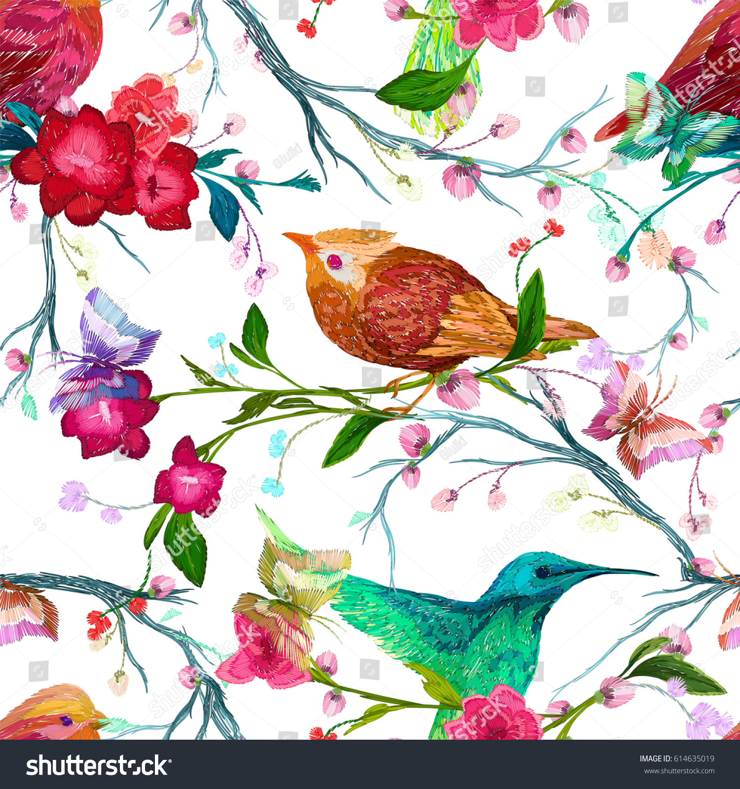 Vintage Seamless Pattern Bird Butterfly Flower Stock Vector (Royalty ...