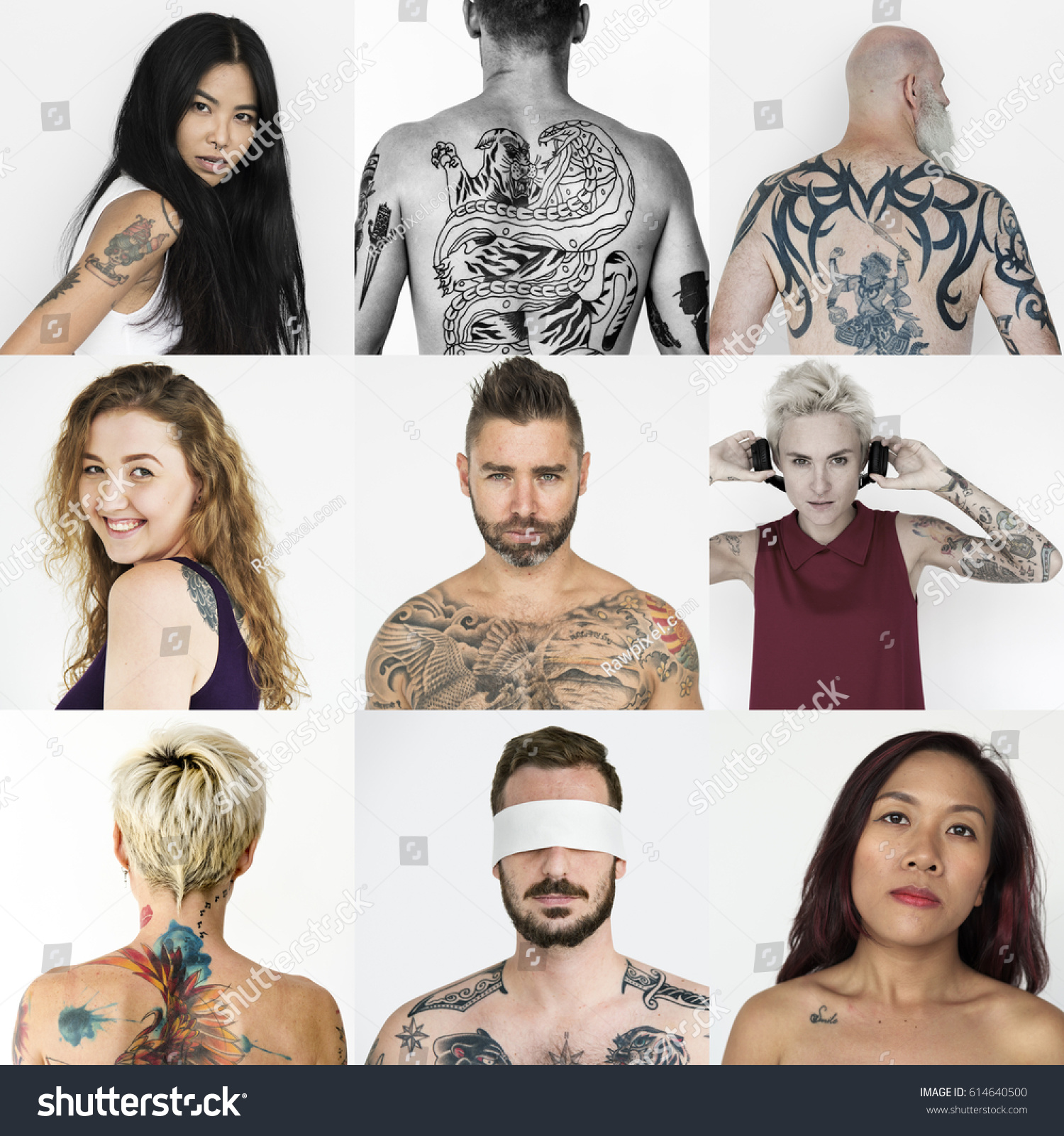 Set Diversity People Showing Tattoo Studio Stock Photo 614640500