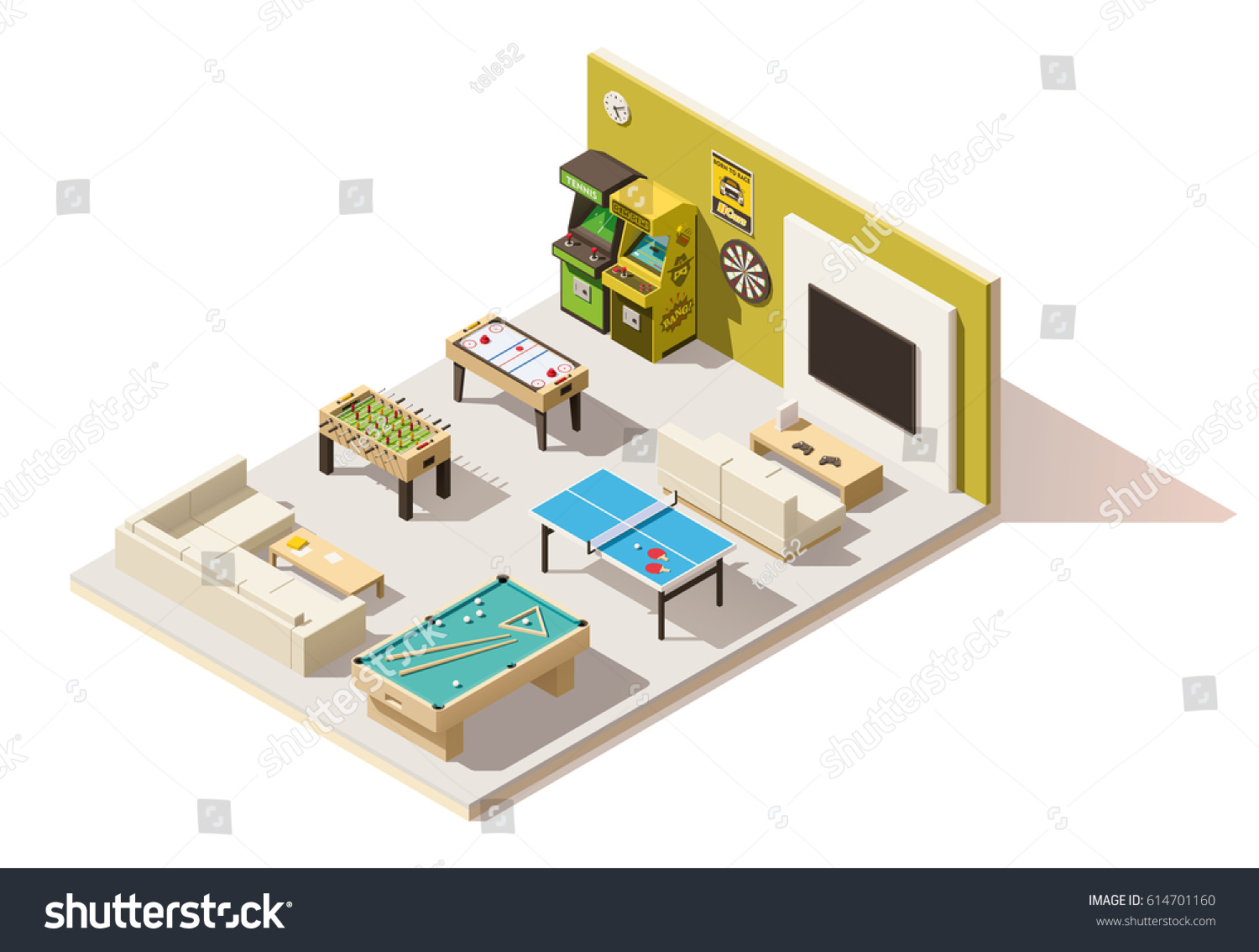 Vector Isometric Low Poly Recreation Room Stock Vector (Royalty Free ...