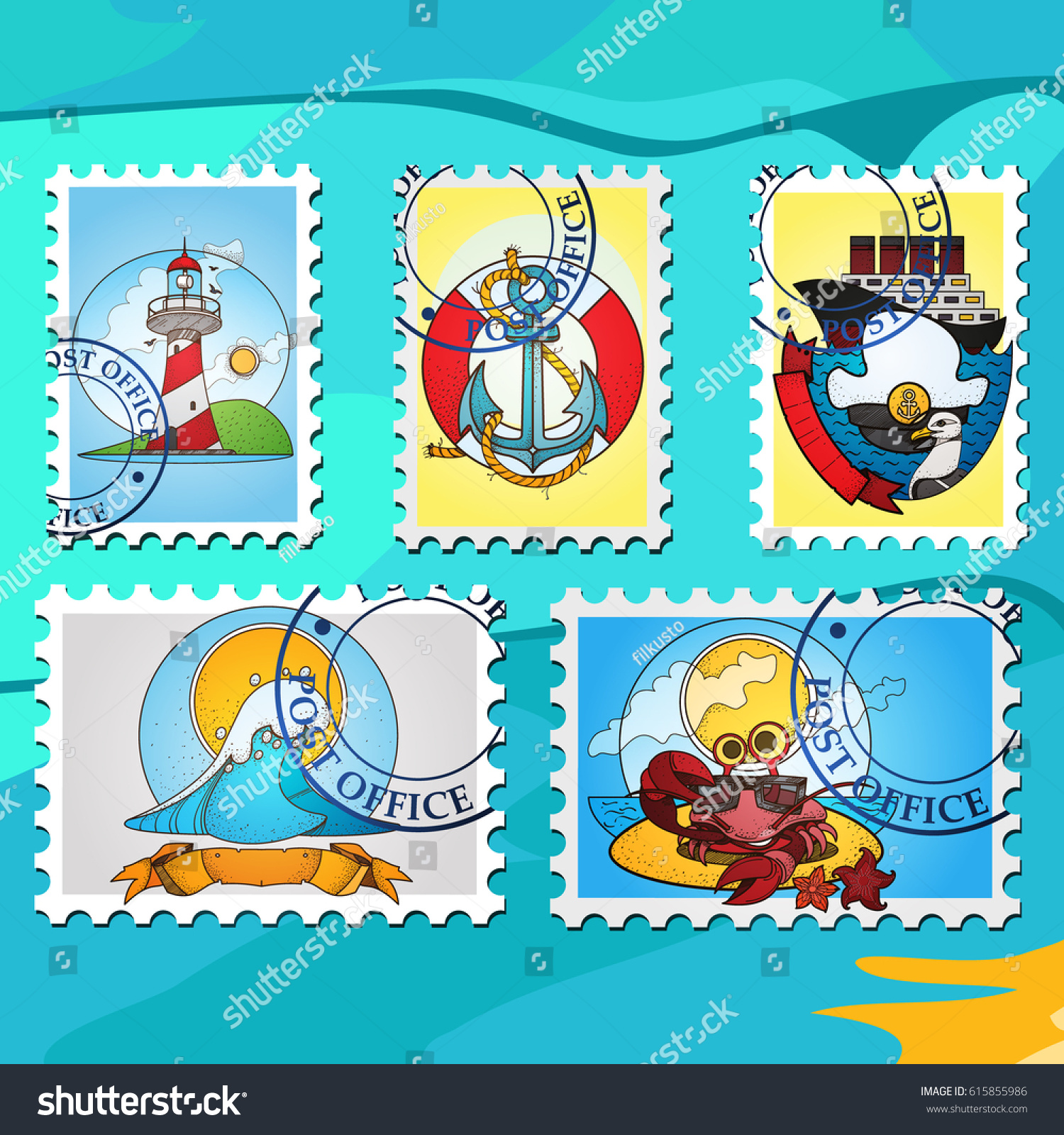 Set Illustrations Stylized Postage Stamps On Stock Vector (Royalty Free