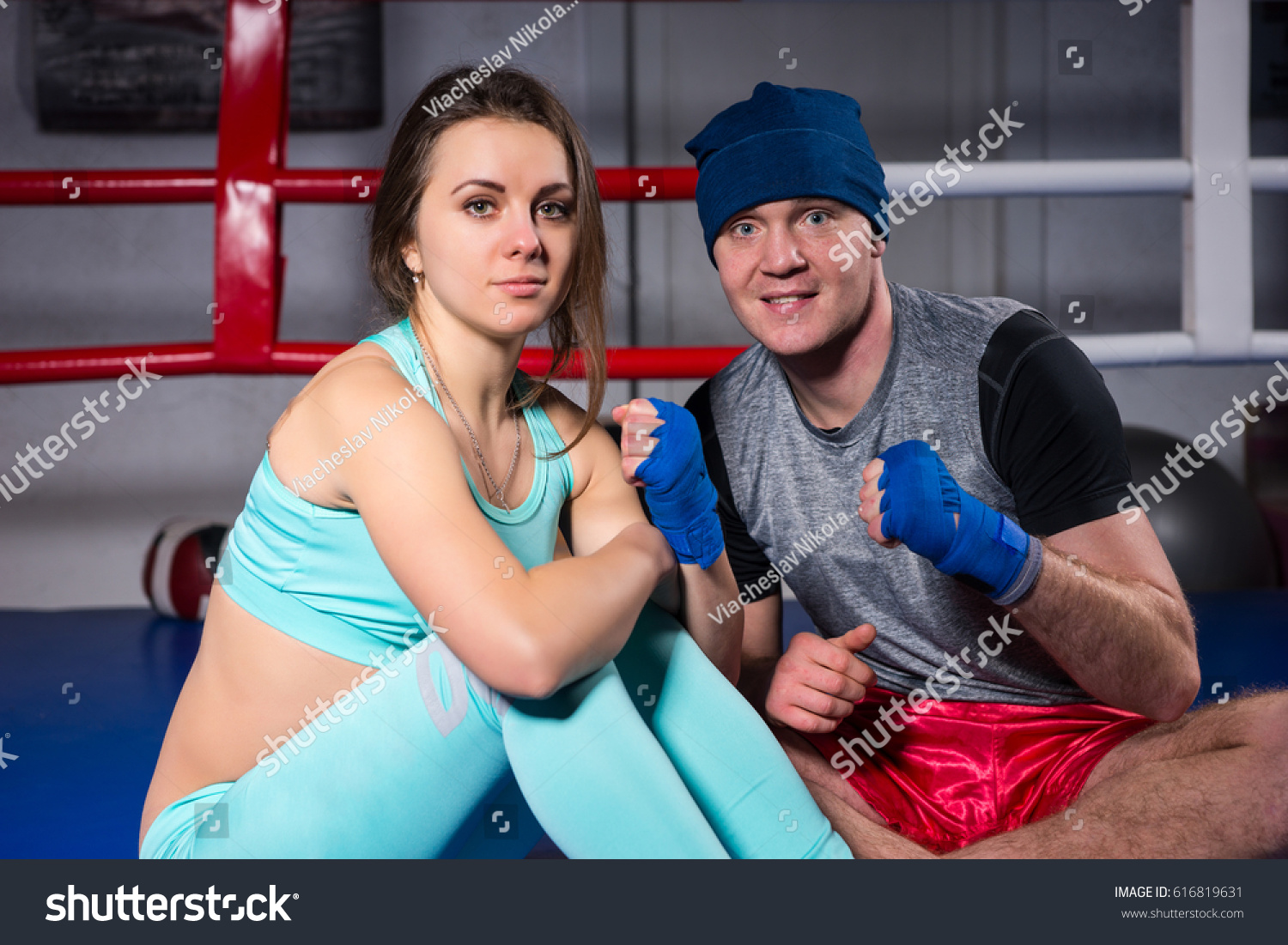 Smiling Young Boxing Couple Preparing Bandages Stock Photo 616819631 ...