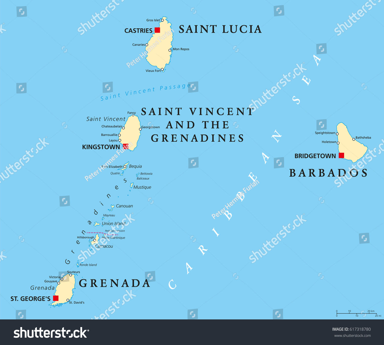 Stock Vector Barbados Grenada Saint Lucia Saint Vincent And The Grenadines Political Map Island Countries In 617318780 