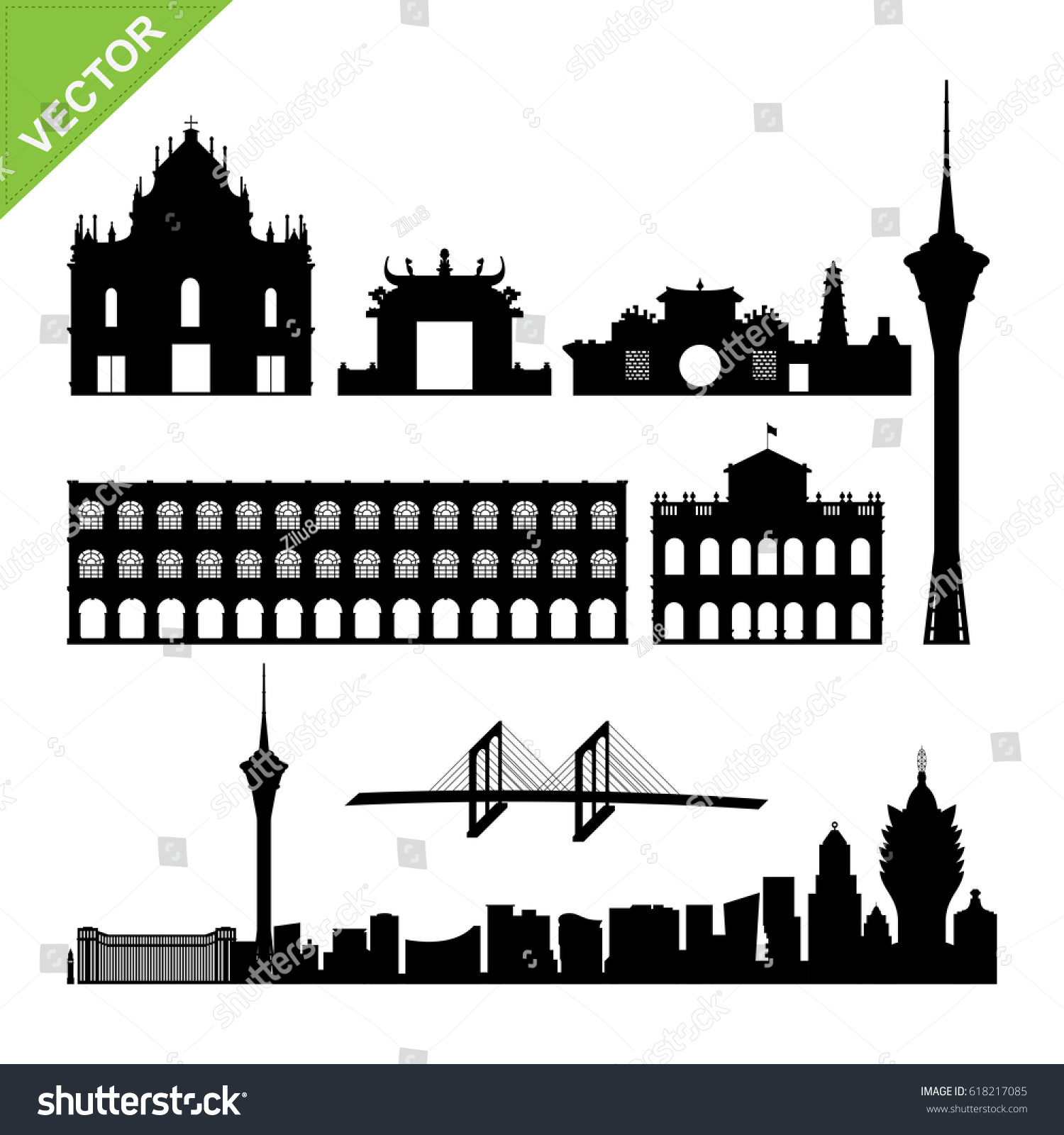 Macau Landmark Skyline Silhouettes Vector Stock Vector (Royalty Free ...