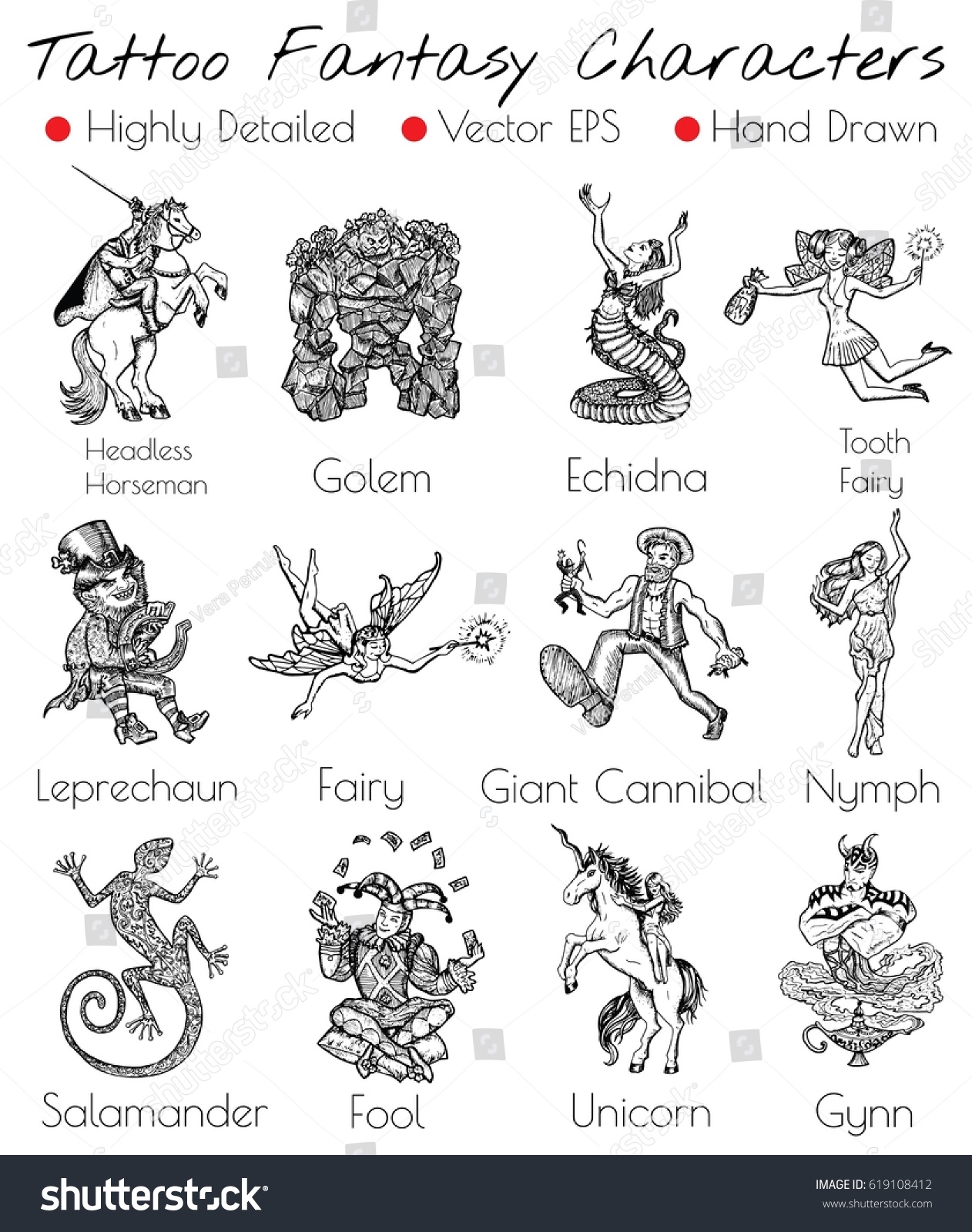 Tattoo Set Hand Drawn Fantasy Characters Stock Vector (Royalty Free ...