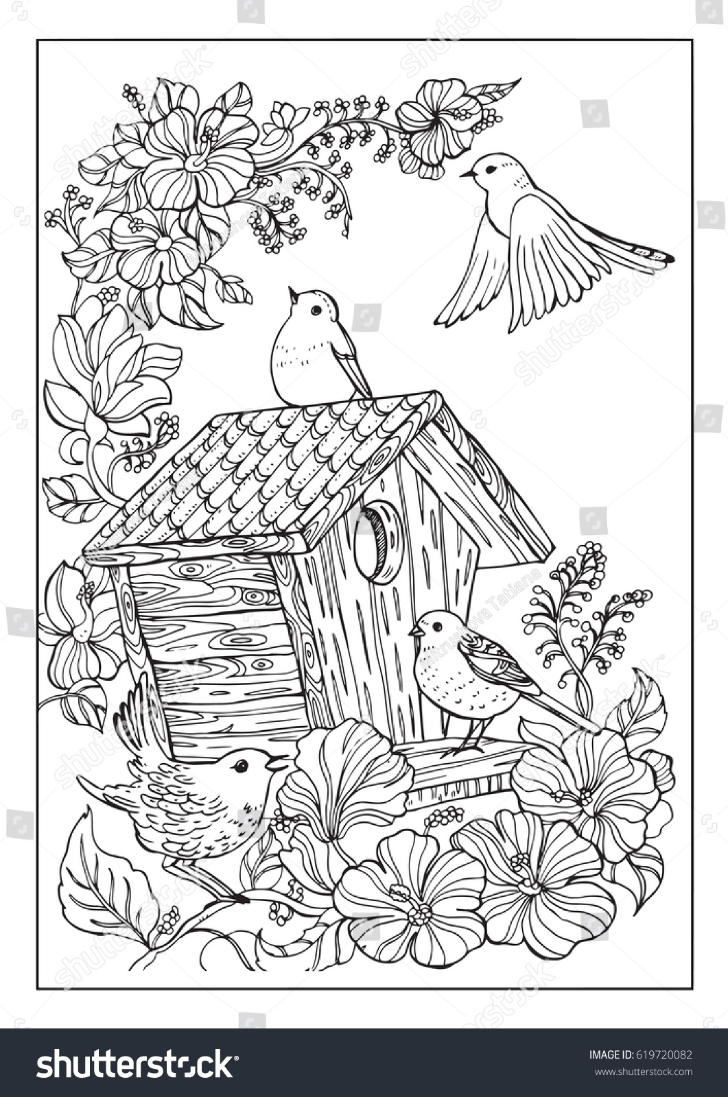 Vektor Stok Birds House Coloring Page (Tanpa Royalti) 619720082