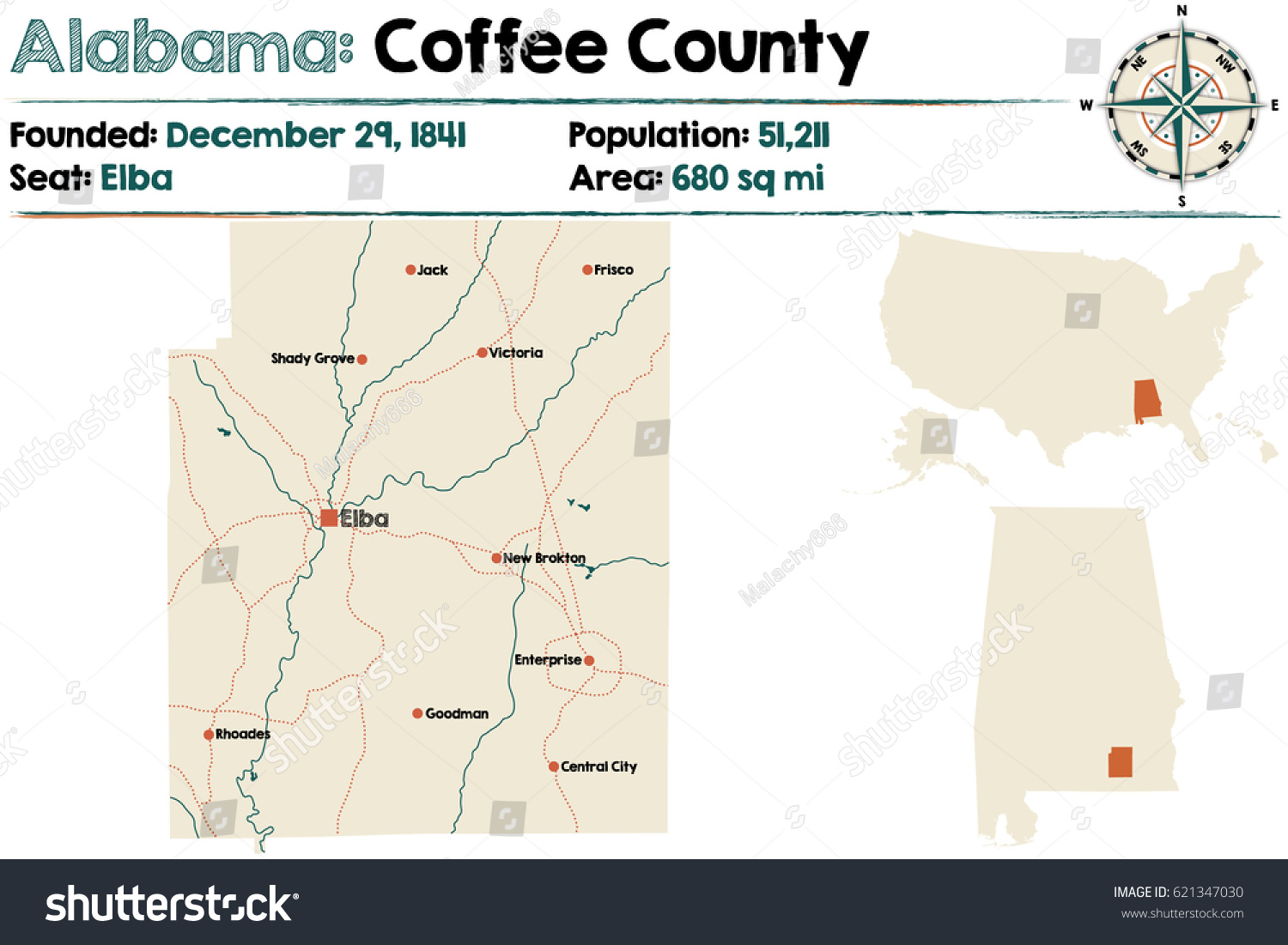 Large Detailed Map Coffee County Alabama Stock Vector (Royalty Free ...