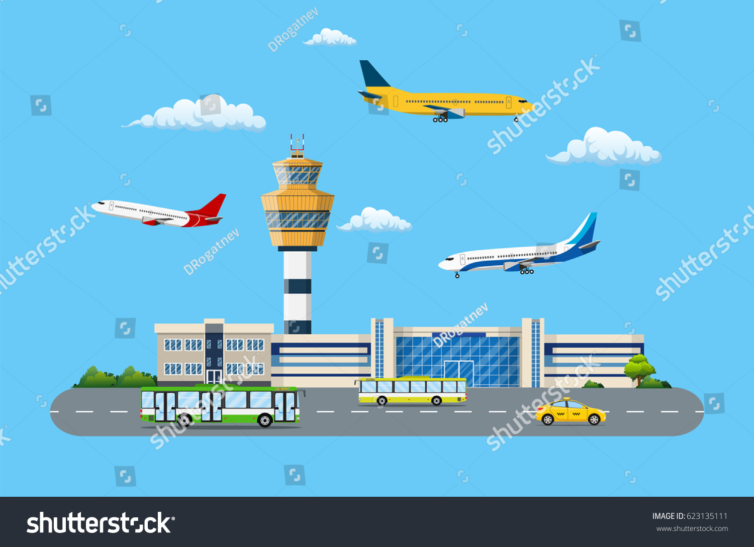 Aircraft Above Ground Airport Control Tower Stock Vector (Royalty Free ...