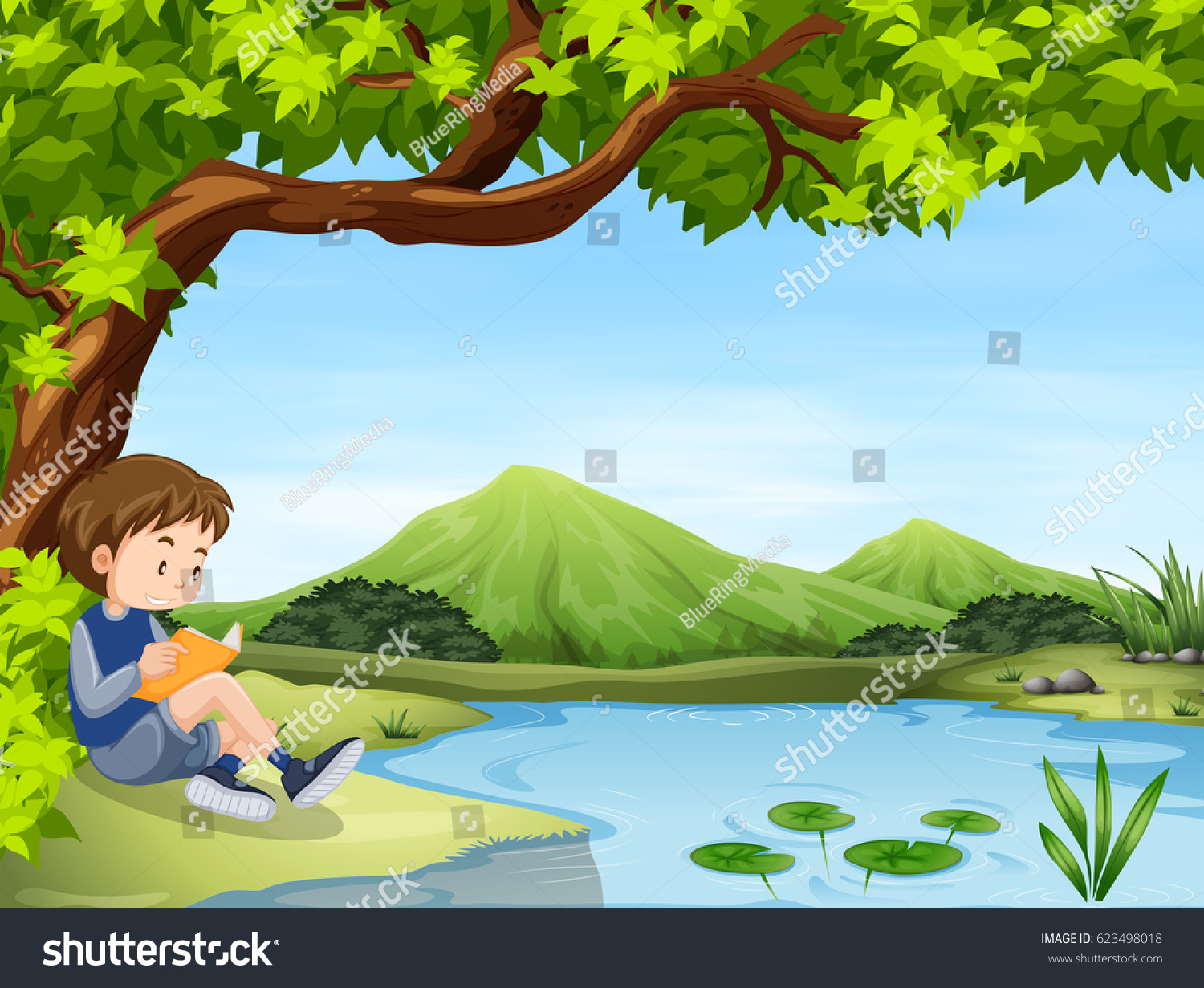 Boy Reading By Pond Stock Vector (Royalty Free) 623498018 | Shutterstock