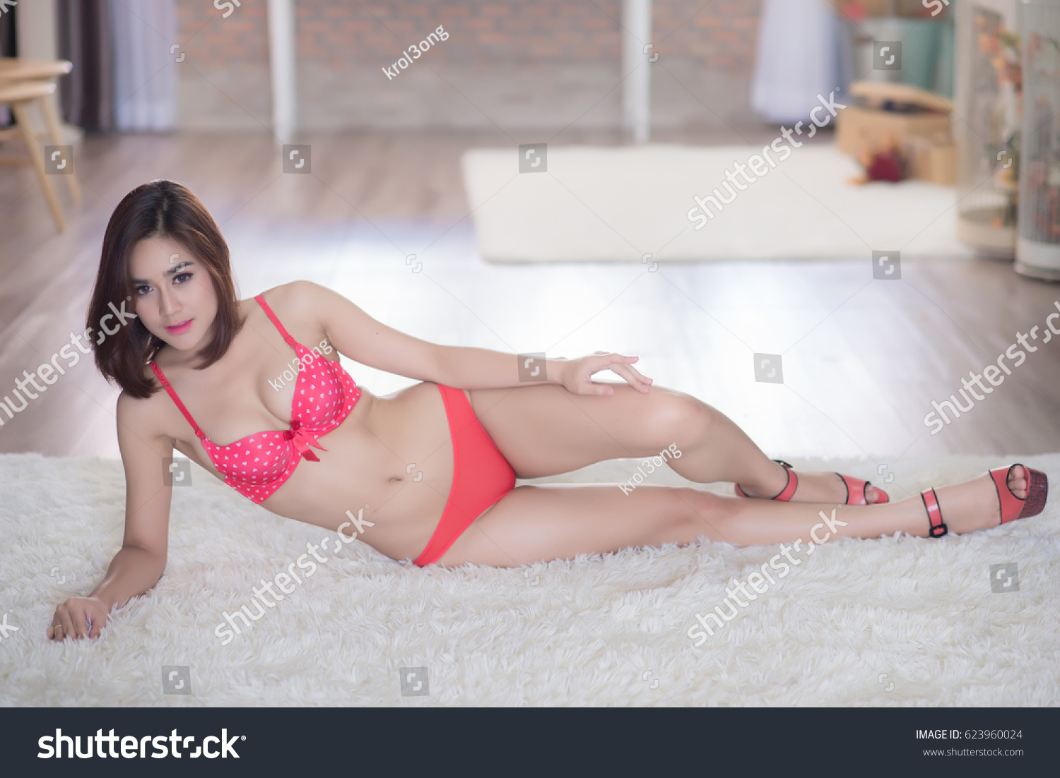 Sexy Beautiful Asian Woman Red Lingerie Shutterstock