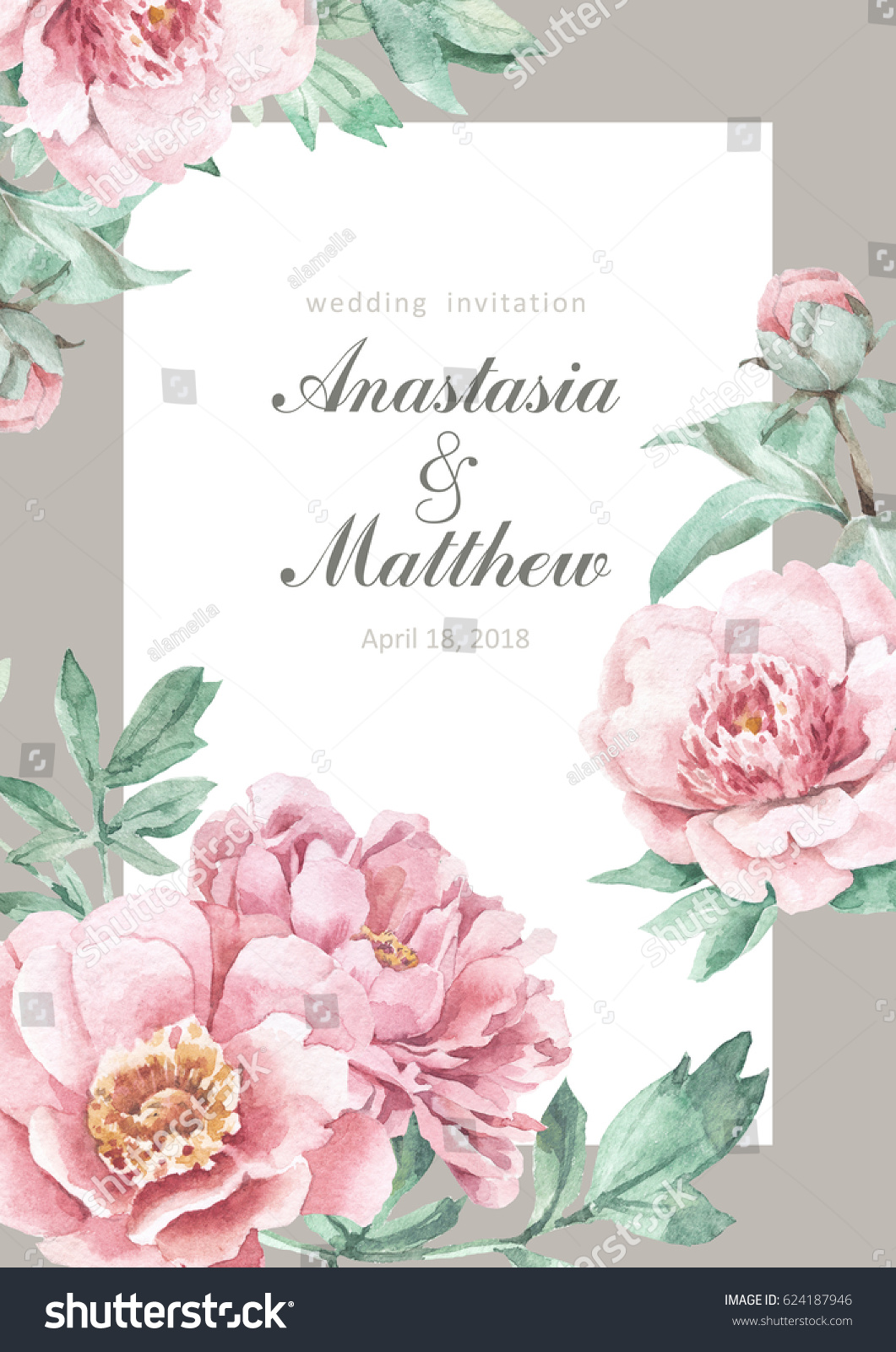 Pink Peonies Wedding Invitation Raster Watercolor Stock Illustration ...