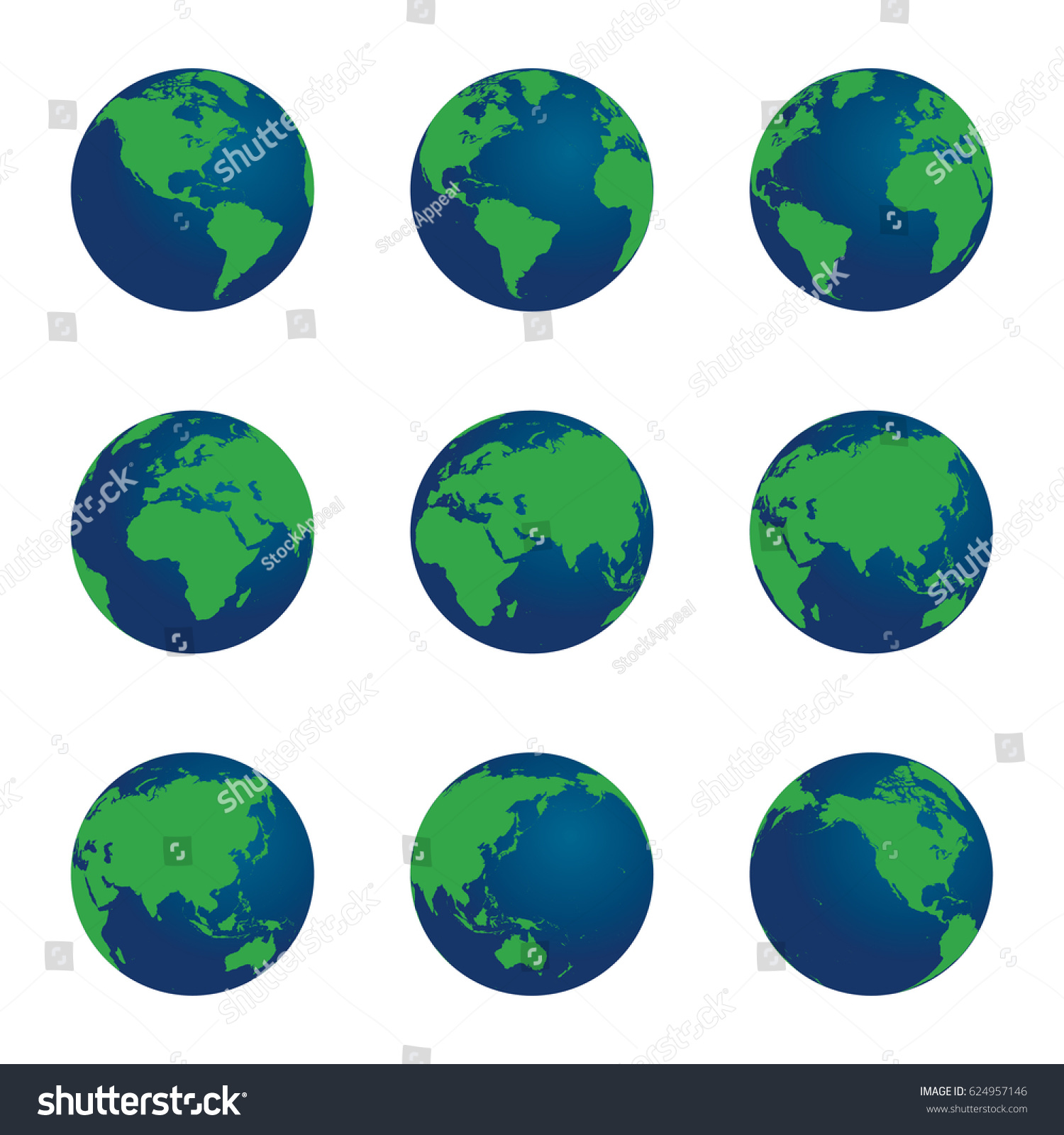 3d Vector World Globe Set Green Stock Vector (Royalty Free) 624957146 ...