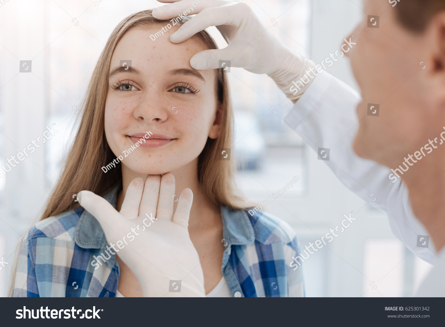 Careful Dermatologist Examining Patient Face Work Stock Photo 625301342