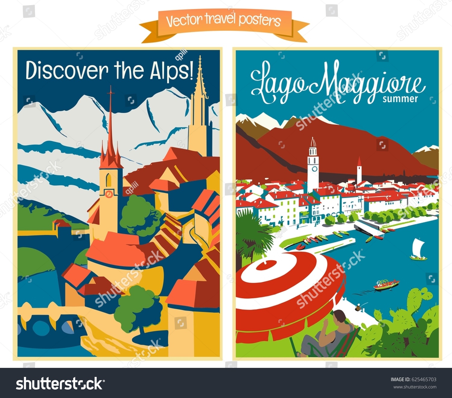 Travel Poster Vectors Illustrations Vintage European Stock Vector