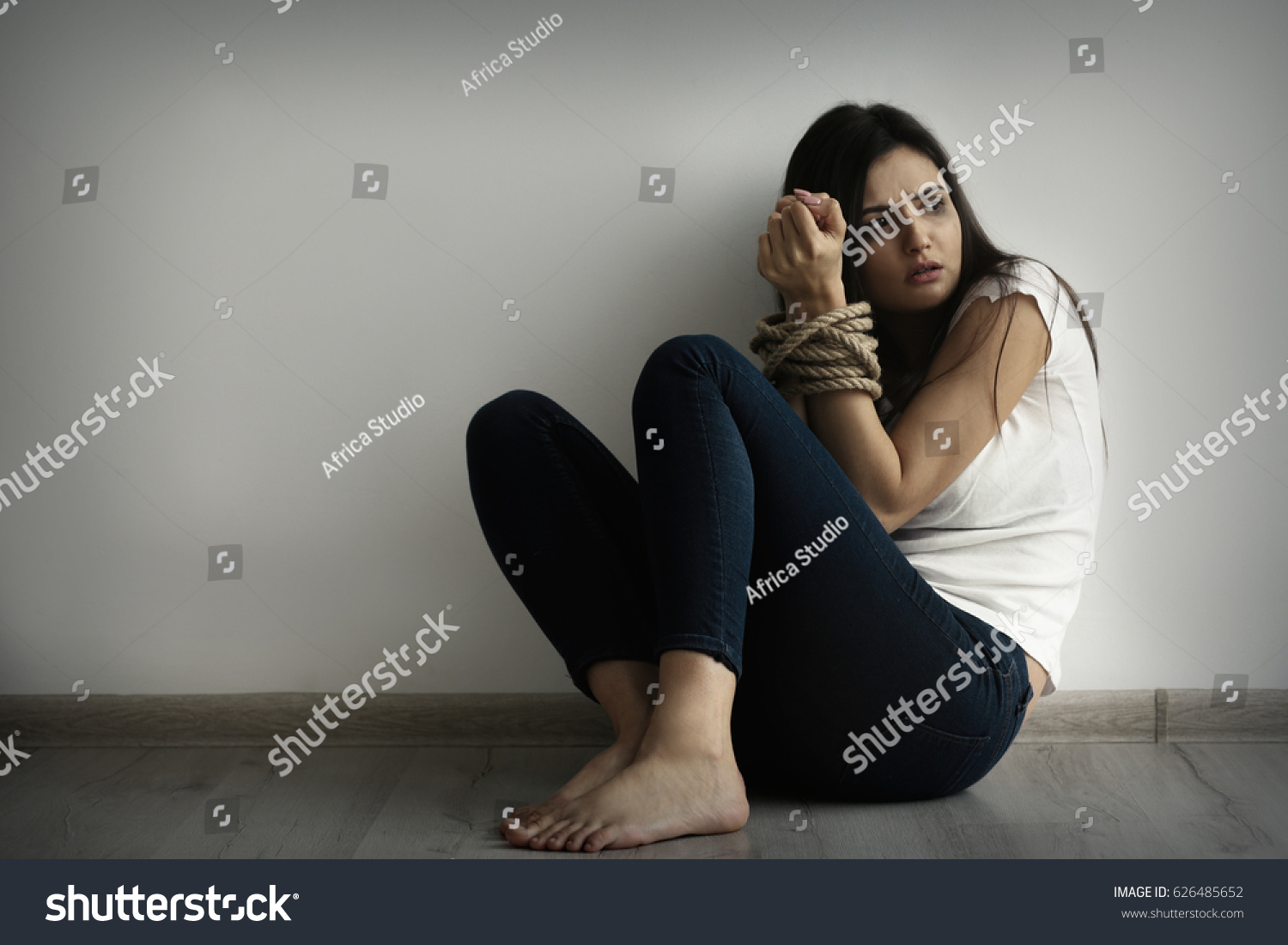 Woman Tied Hands Sitting On Floor Stock Photo 626485652 