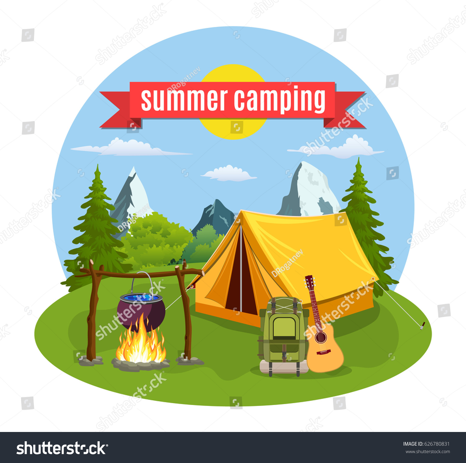 Summer Camp Landscape Yellow Tent Campfire Stock Vector (Royalty Free ...