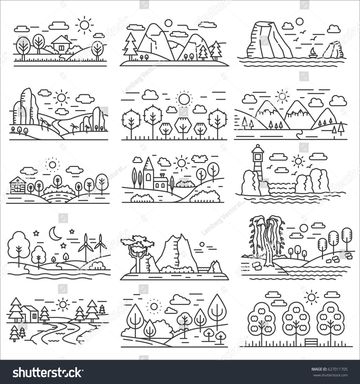 Different Nature Line Style Stock Vector (Royalty Free) 627011705 ...