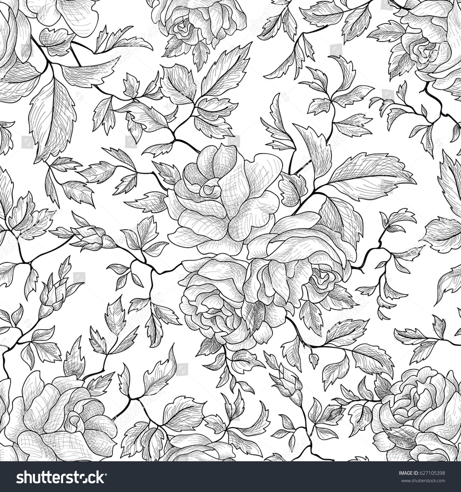 Floral Engraved Seamless Pattern Flower Garden Stock Vector (Royalty ...