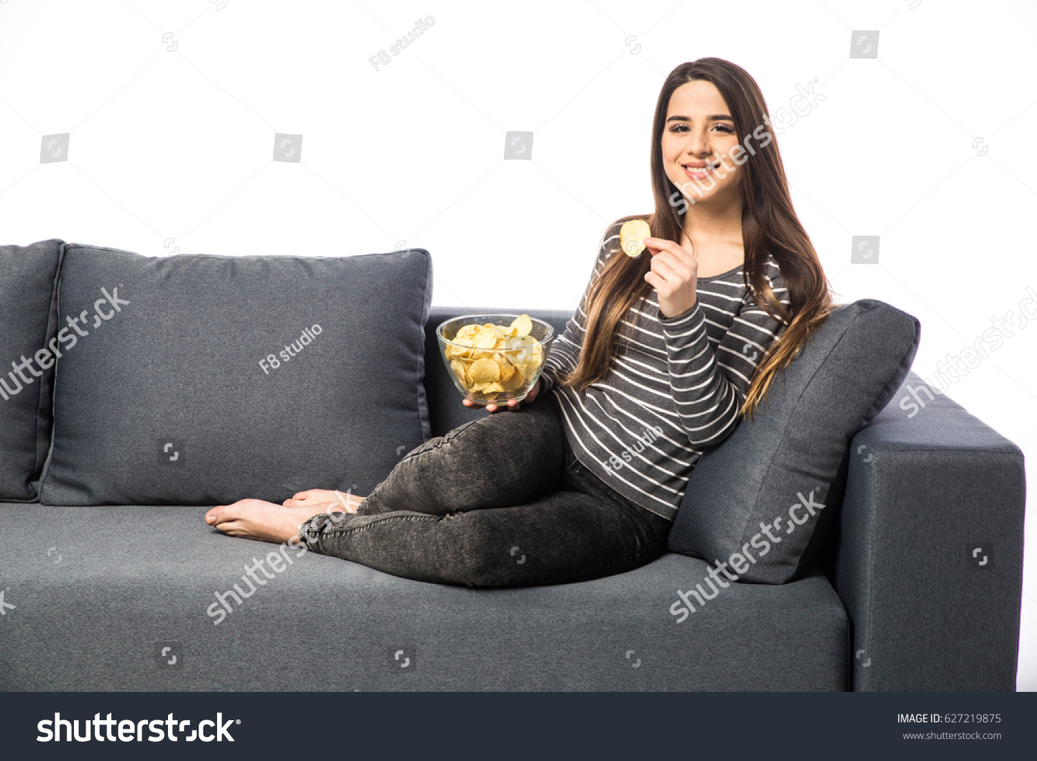 Pretty Girl Laughing Watching Tv Sitting Stock Photo 627219875 ...