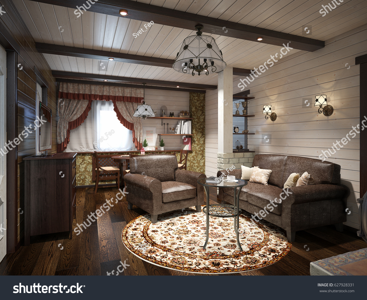 Traditional Rustic Craftsman Farmhouse Living Room Stock Illustration