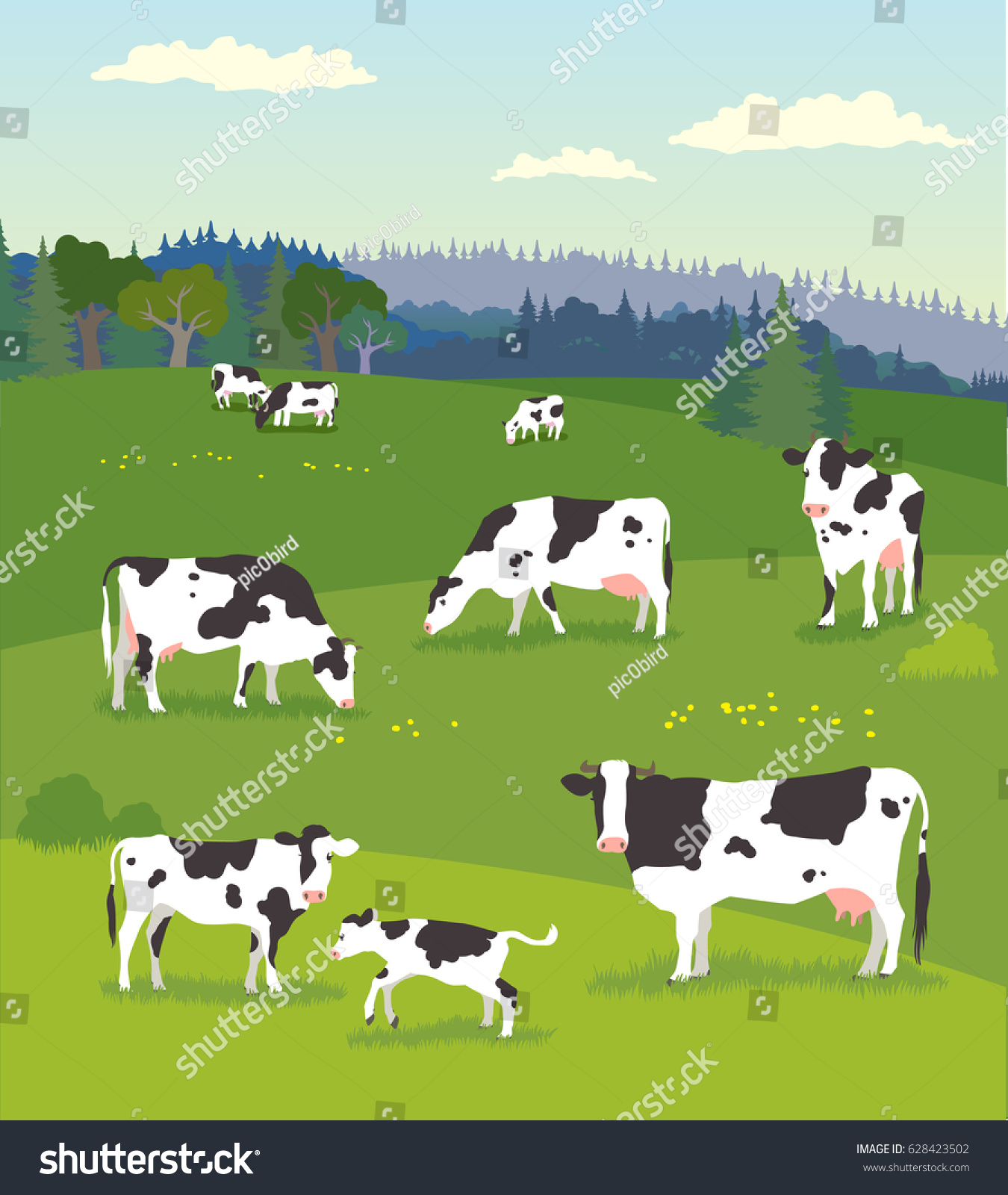 Векторная иллюстрация корова на пастбище