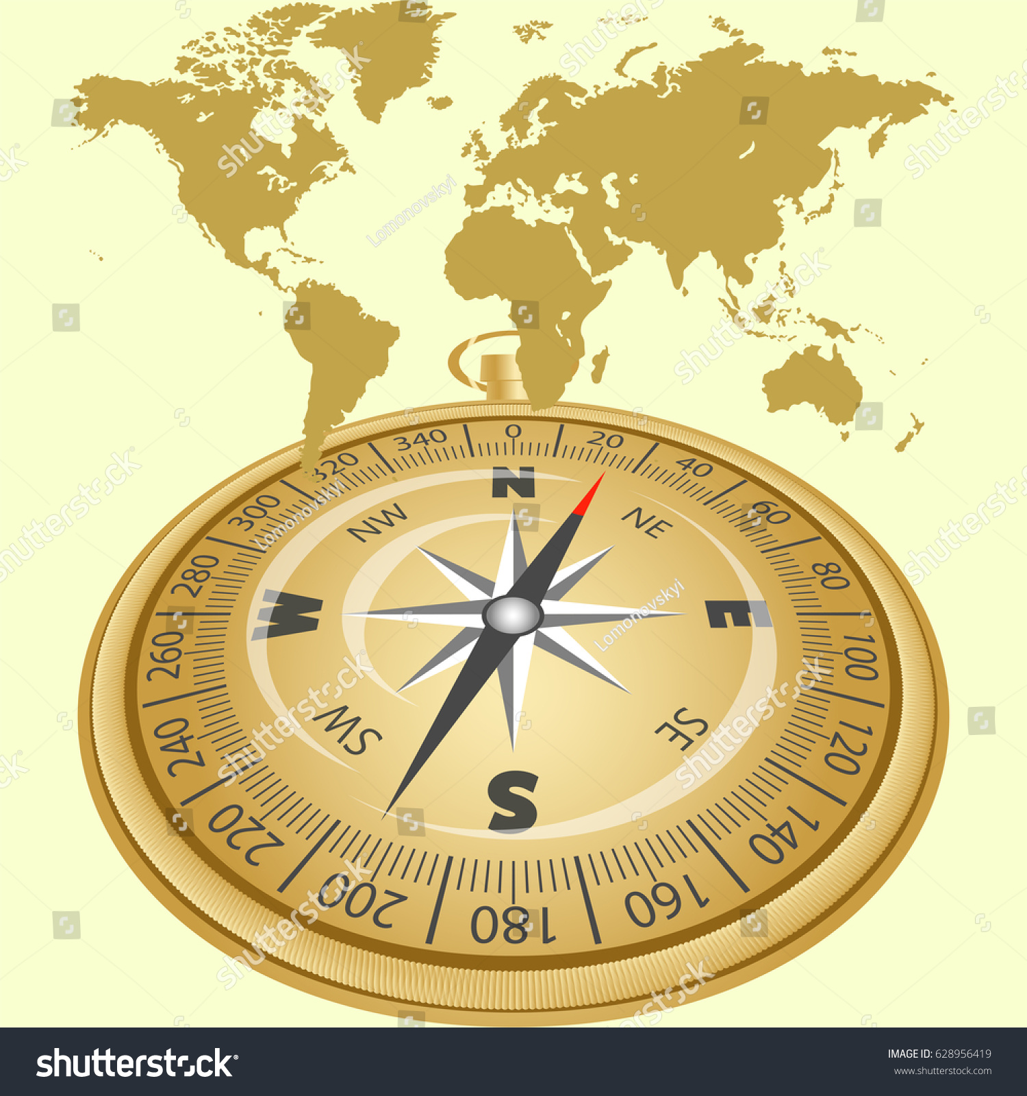 Golden Compass On World Map Background Stock Vector Royalty Free 628956419 Shutterstock 1487