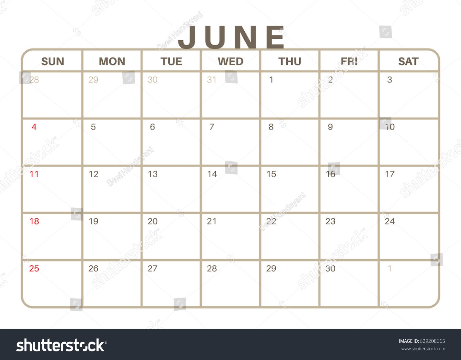 Monthly Calendar June 2017 Stock Vector (Royalty Free) 629208665 ...