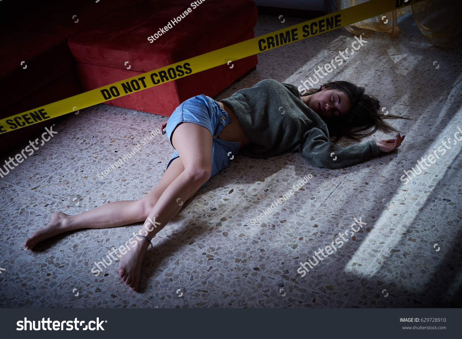 Crime Scene Imitation Lifeless Woman Lying Stock Photo 629728910 Shuttersto...