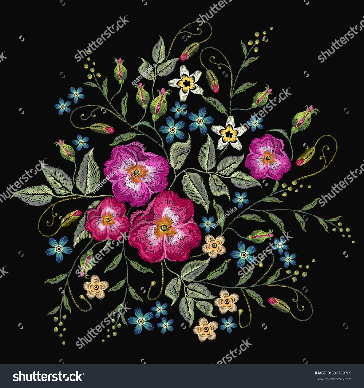 Embroidery Wild Roses Dogrose Flowers Vector Stock Vector (Royalty Free ...