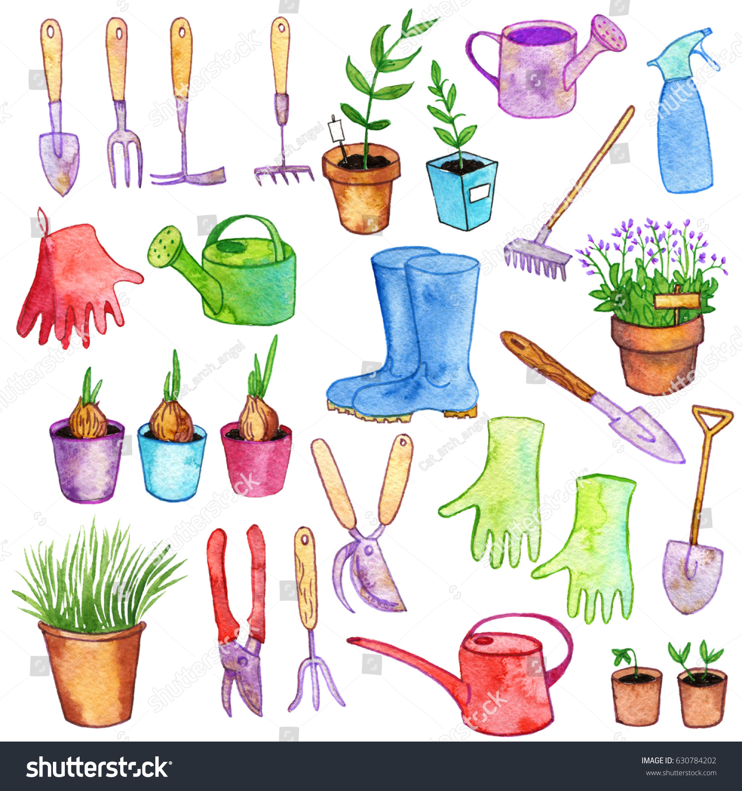 Watercolor Gardening Doodle Set Hand Drawn Stock Illustration 630784202 ...