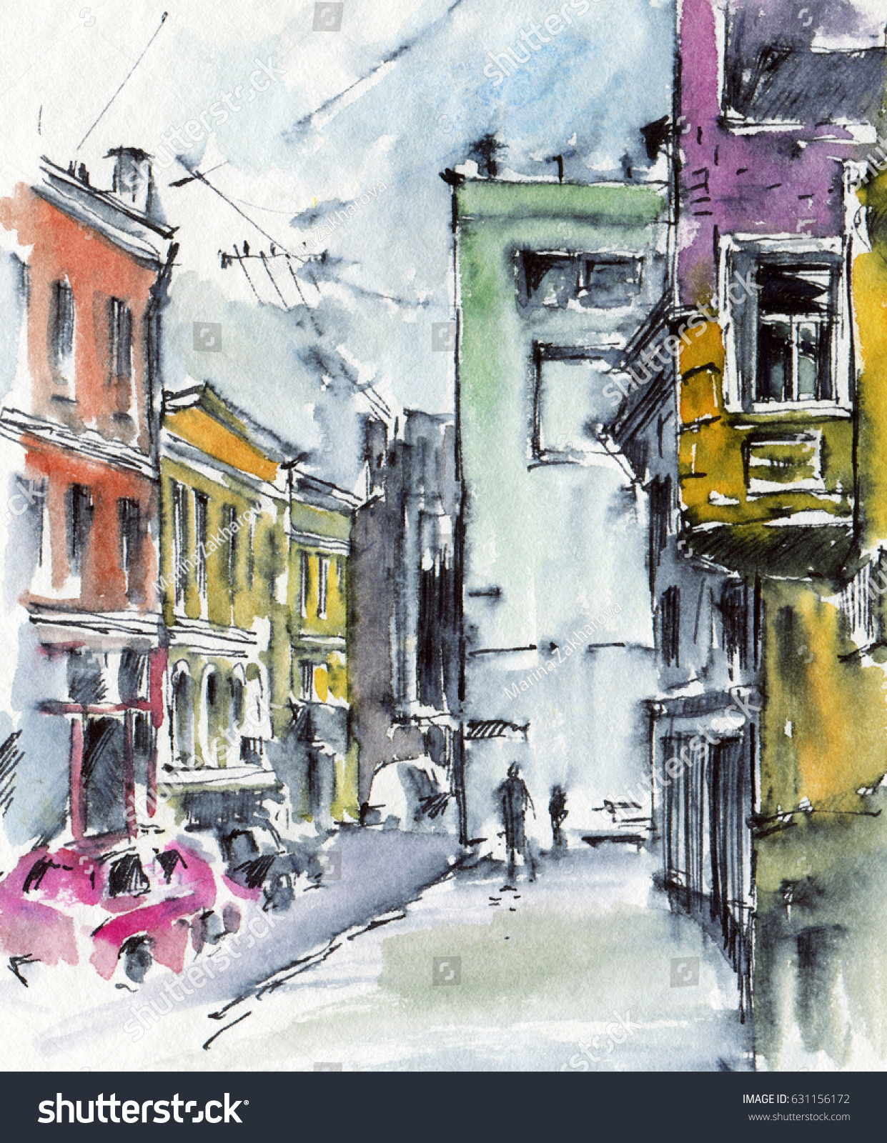 City Street Sketch Ink Watercolor Handdrawn Stock Illustration ...