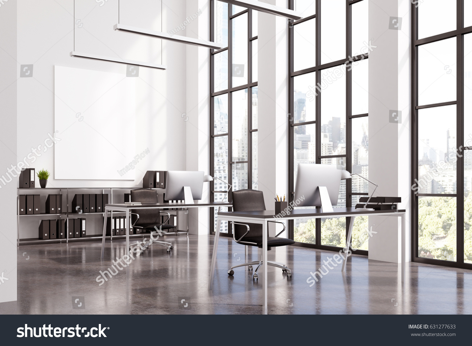 Open Office Interior Panoramic Windows Computer Stock Illustration ...