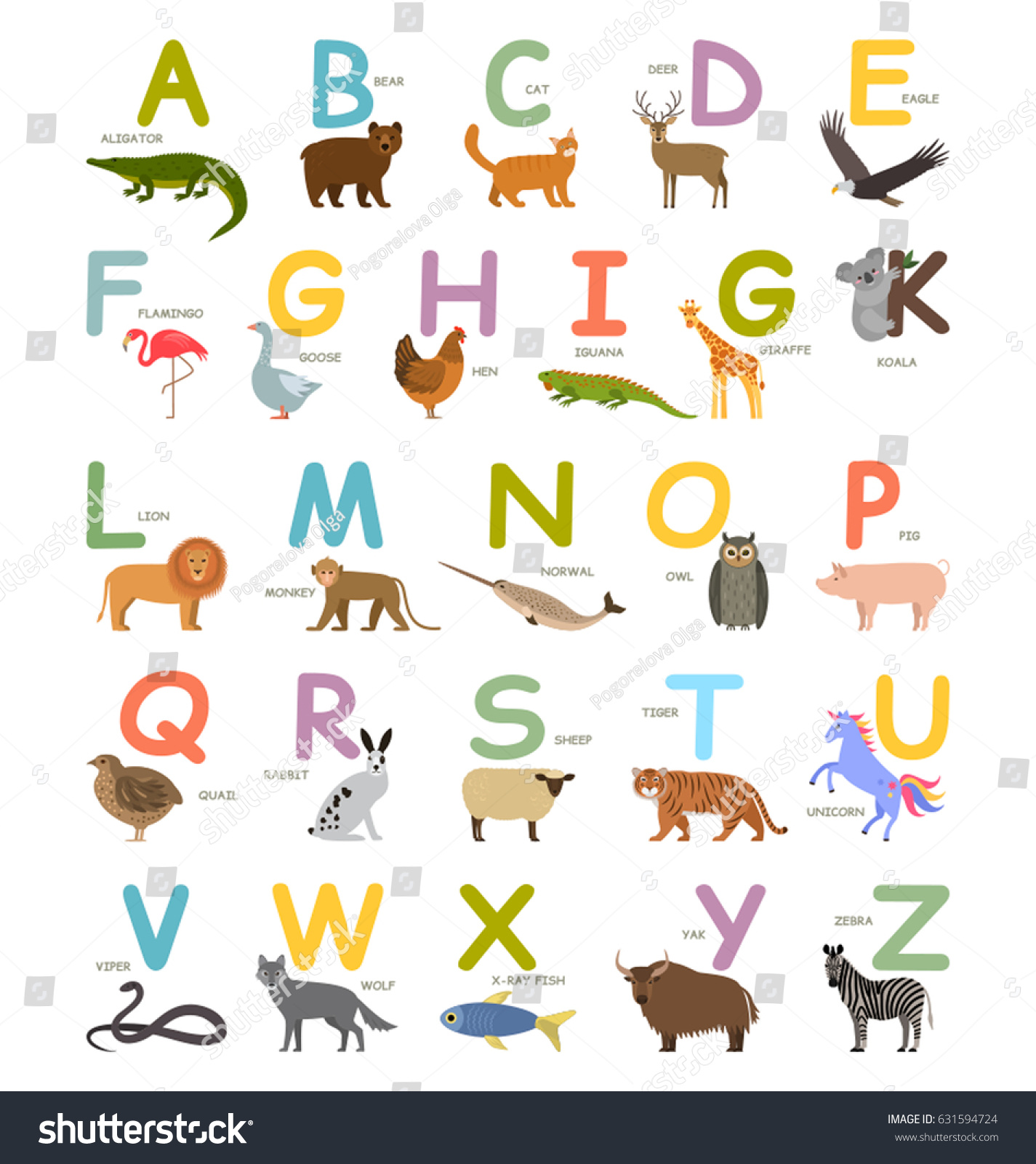 Childrens English Alphabet Animals Cartoon Style Stock Vector (Royalty ...