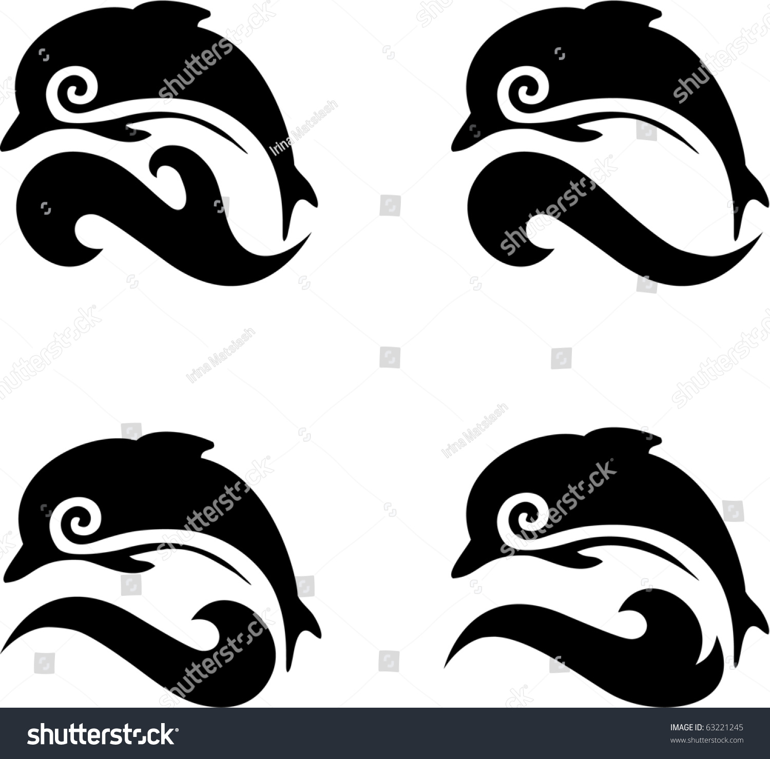 Silhouettes Dolphins Jumping Through Wave Company Stock Vector (Royalty