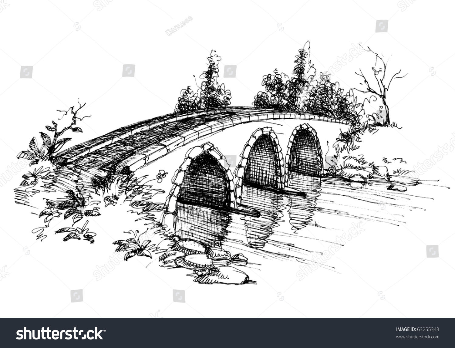 Графика мост через речку в деревне