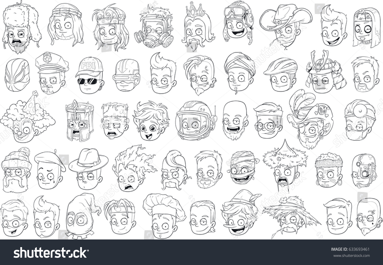 Funny Different Cartoon Black White Characters Stock Vector (Royalty