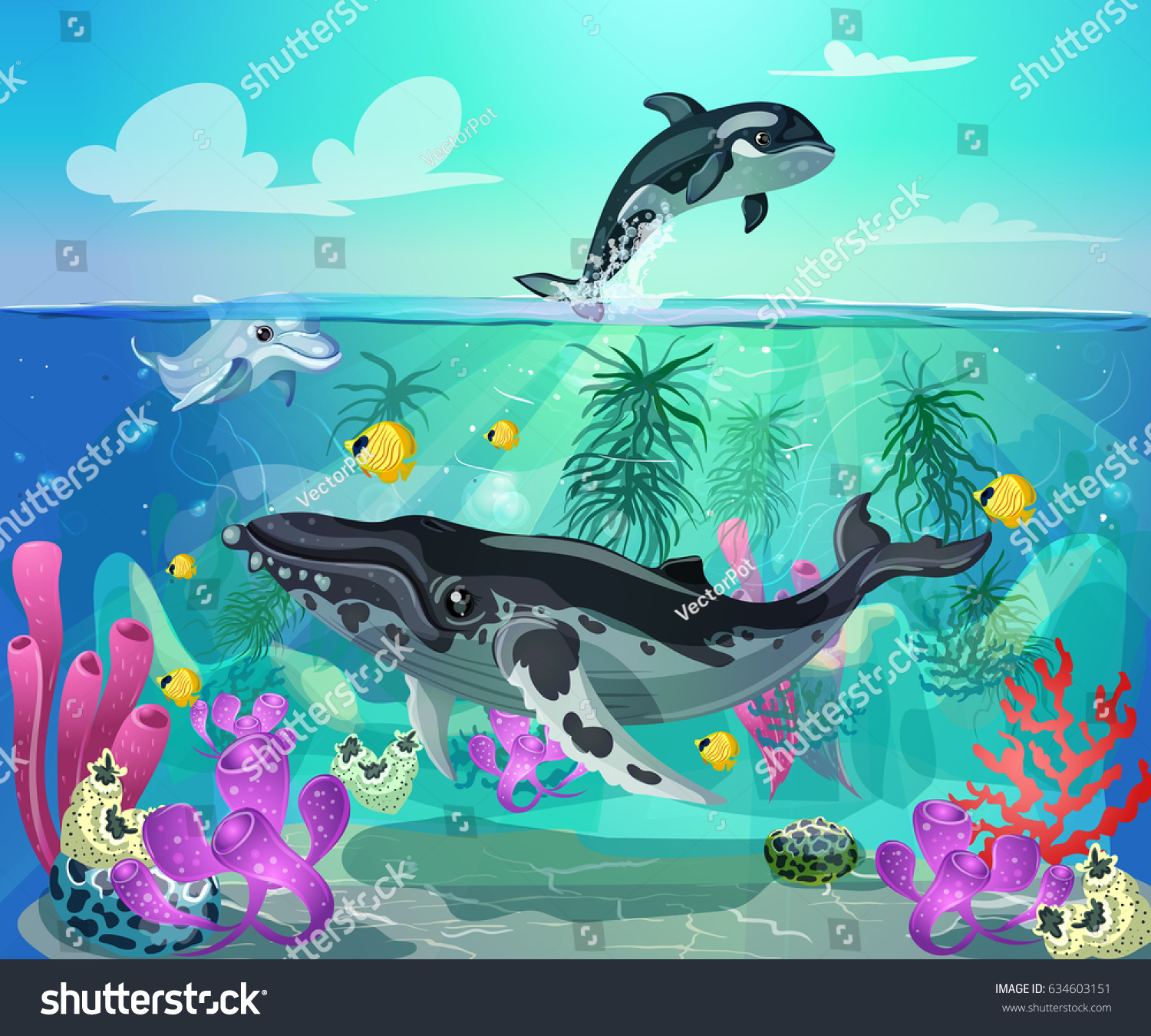 Cartoon Colorful Sea Life Background Gray Stock Vector (Royalty Free ...