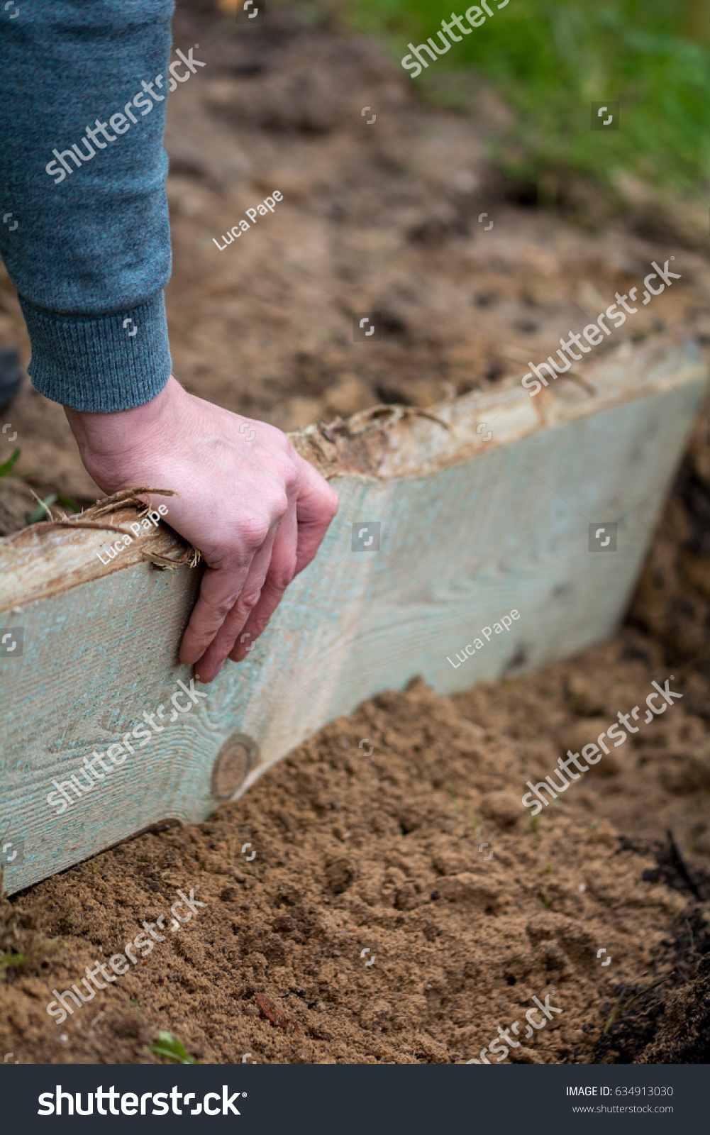 Male Hand Holding Wood Plank Garden Stock Photo Shutterstock