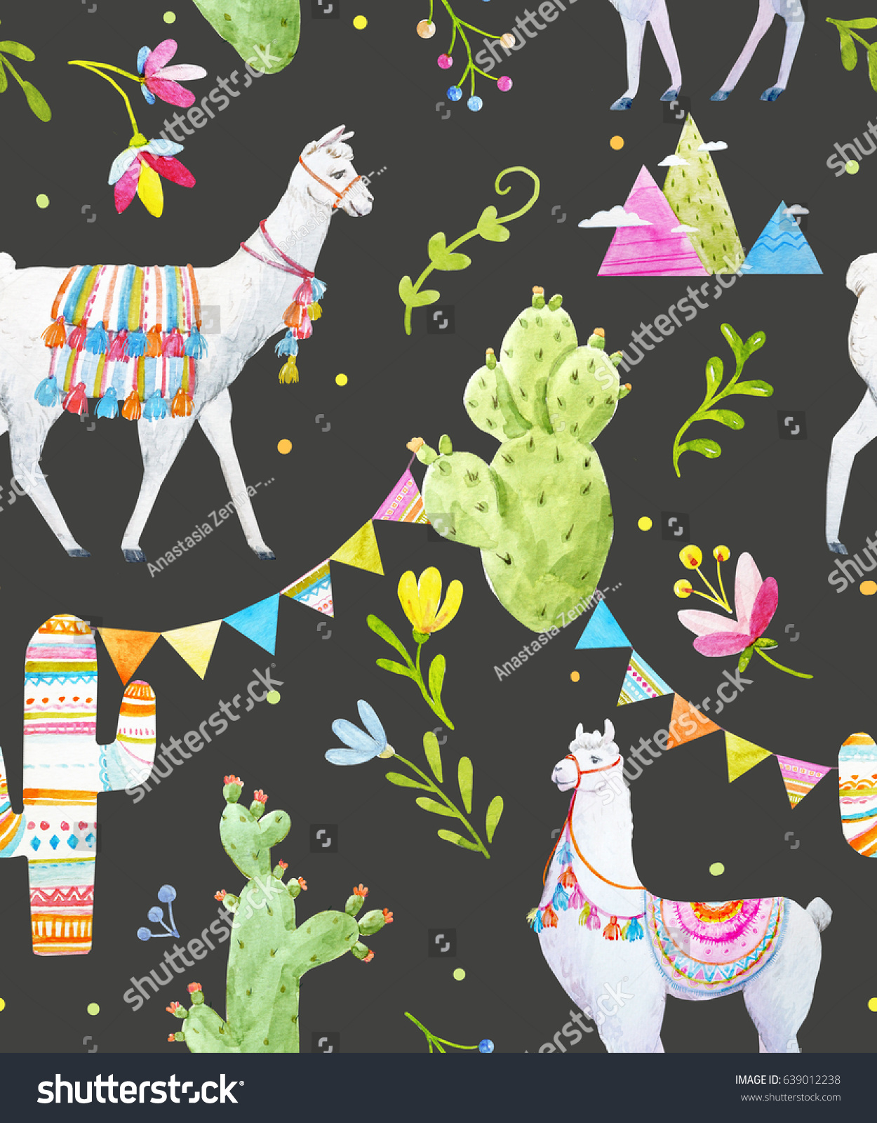 Watercolor Pattern Tibetan Llama Cacti Flags Stock Illustration ...