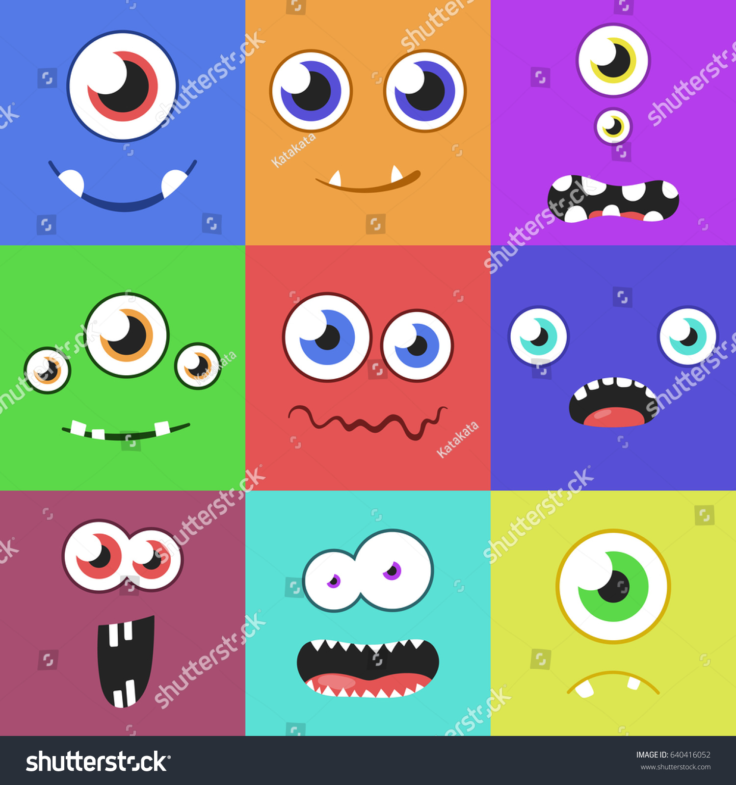 Set Cartoon Monster Faces Different Expressions Stock Vector (Royalty ...