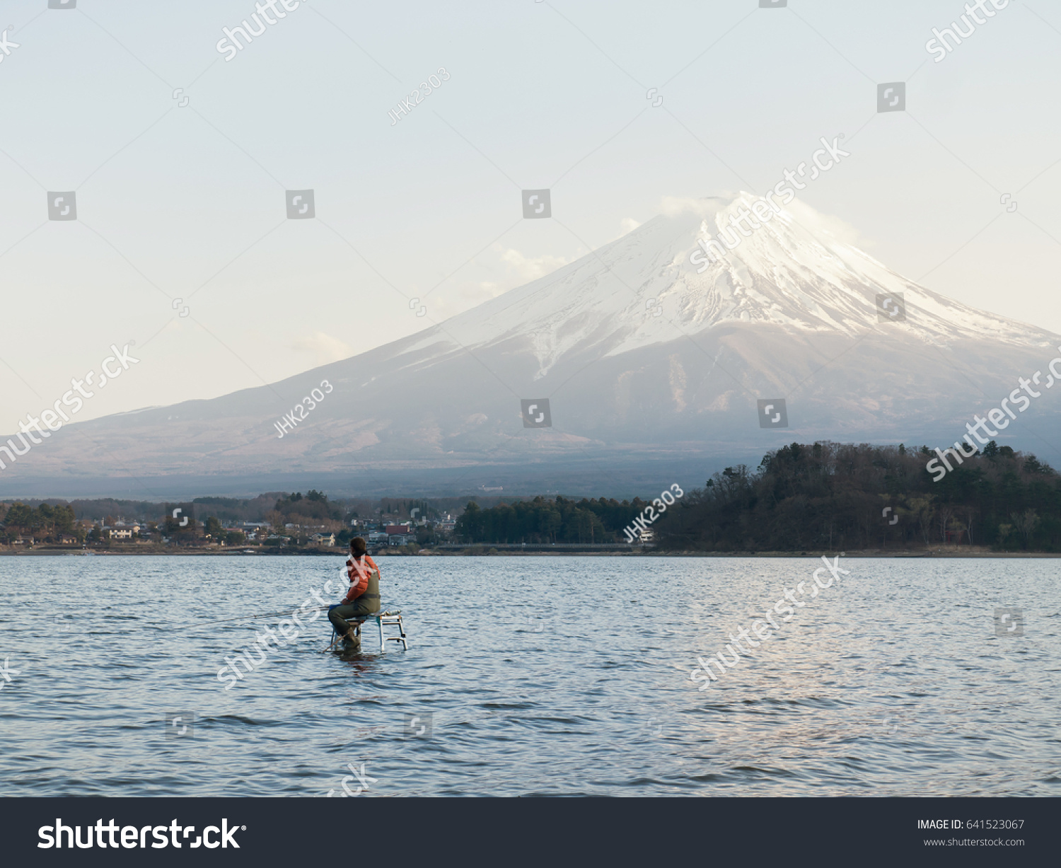 Man Fishing Lake Kawaguchiko Mountain Fuji Stock Photo 641523067 