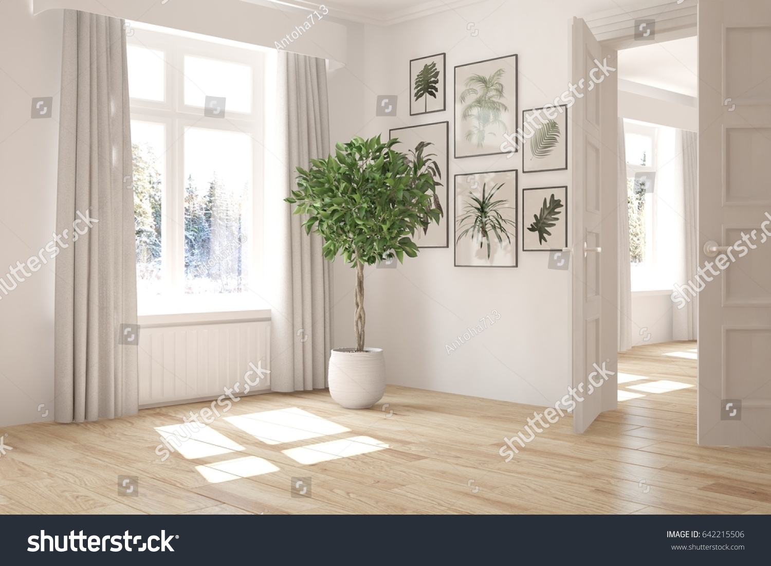 Интерьер с белыми стенами и светлым полом и с растениями