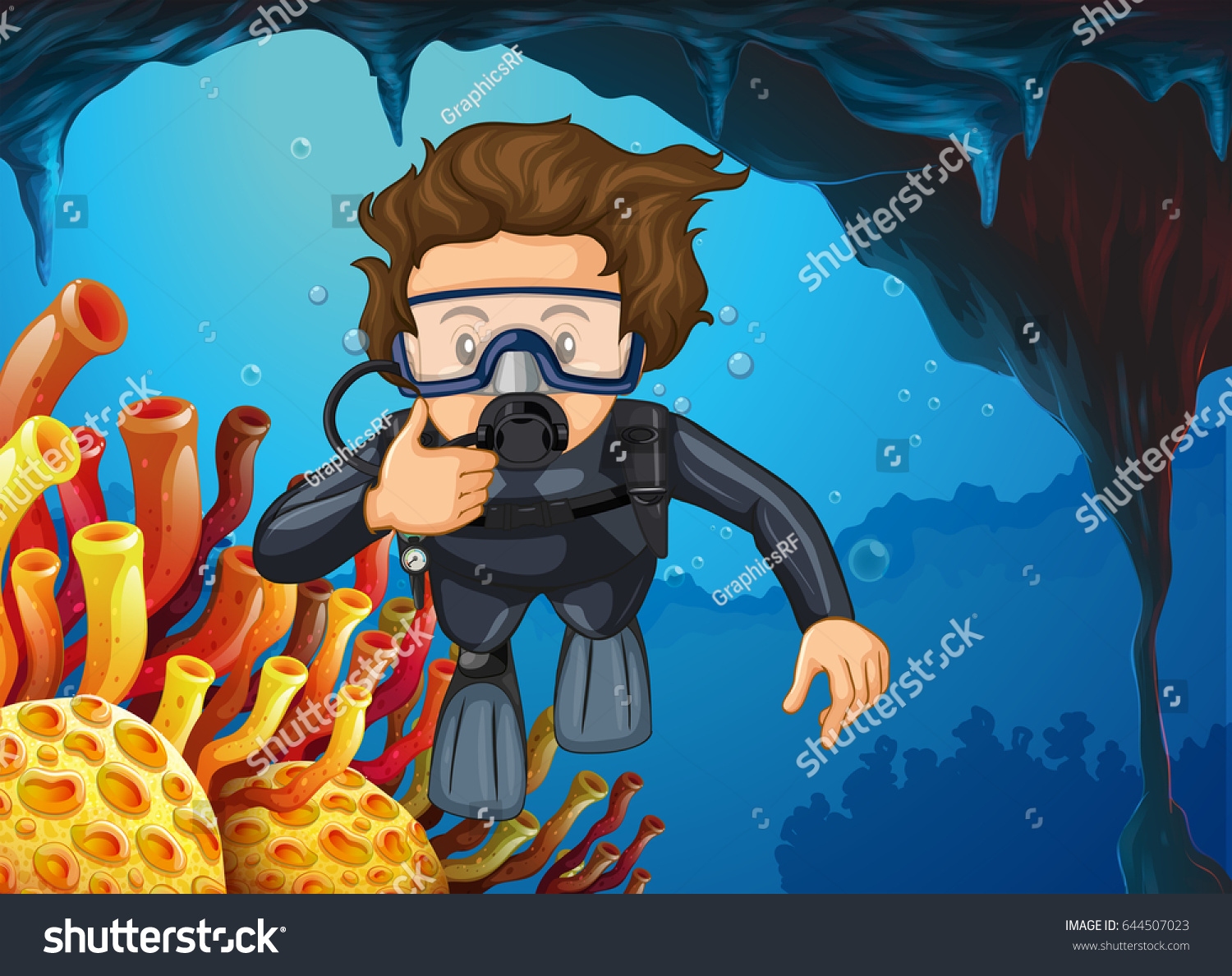 Scuba Diver Diving Under Ocean Illustration Stock Vector (Royalty Free