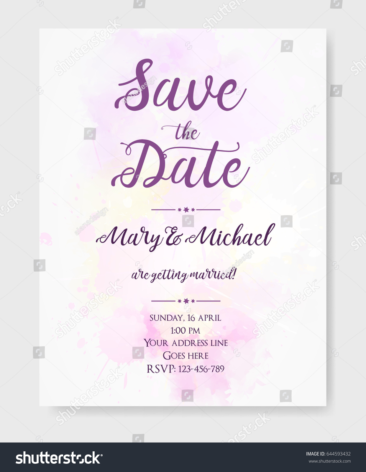 Wedding Invitation Template Watercolor Imitation Pink Stock Vector ...